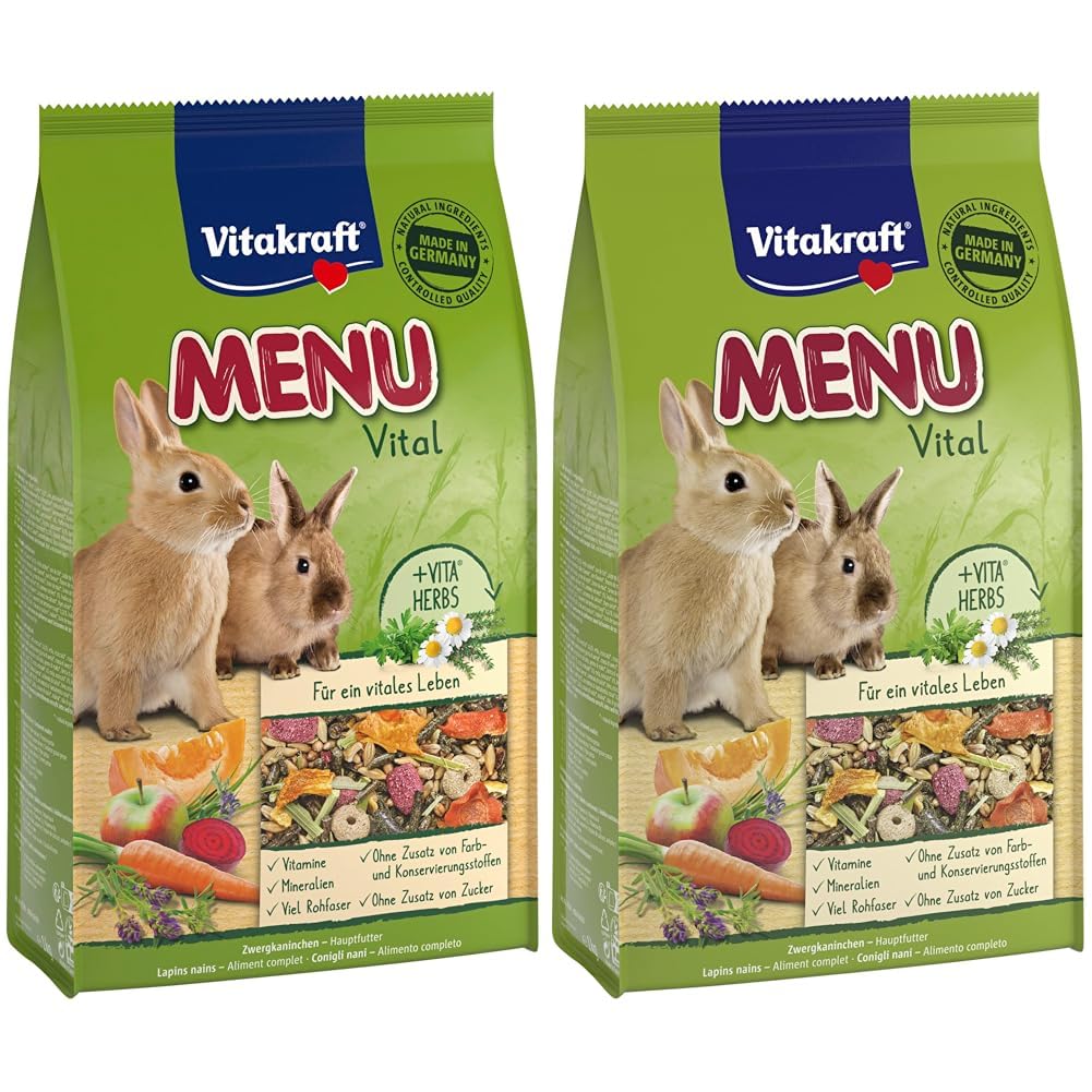 Vitakraft Menu Vital, Futter für Zwergkaninchen, mit Kräutern und Gemüse, rohfaserreich, ohne Zusatz von Zucker (1x 1kg) (Packung mit 2)