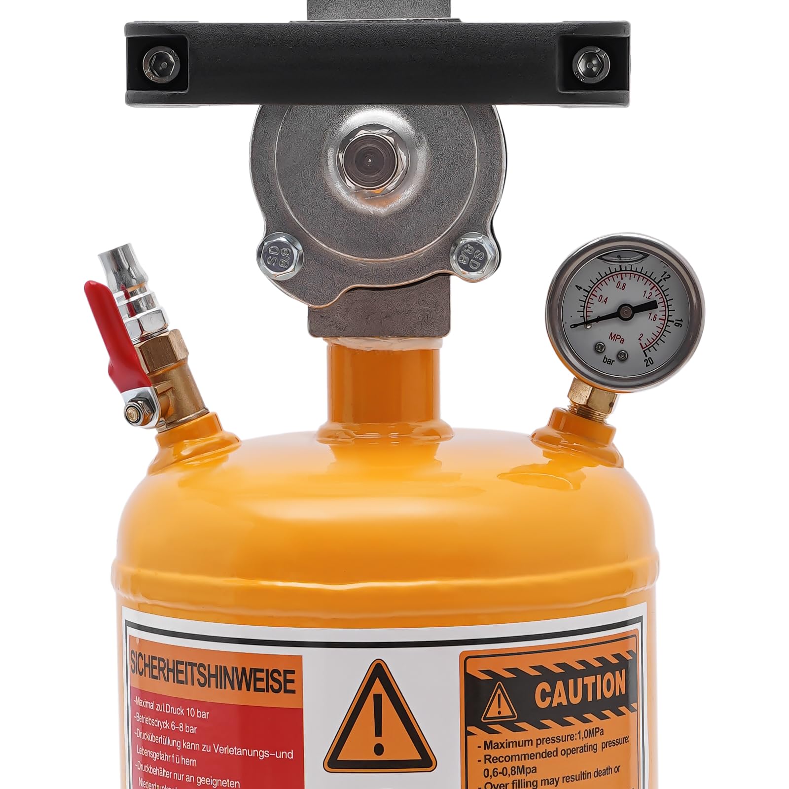 Inflador de neumáticos de 8 l, perfecto para motocicletas y vehículos eléctricos, presión de funcionamiento de 0,6 – 0,8 mpa, material de hierro y acero, presión máxima de 145 psi, color amarillo