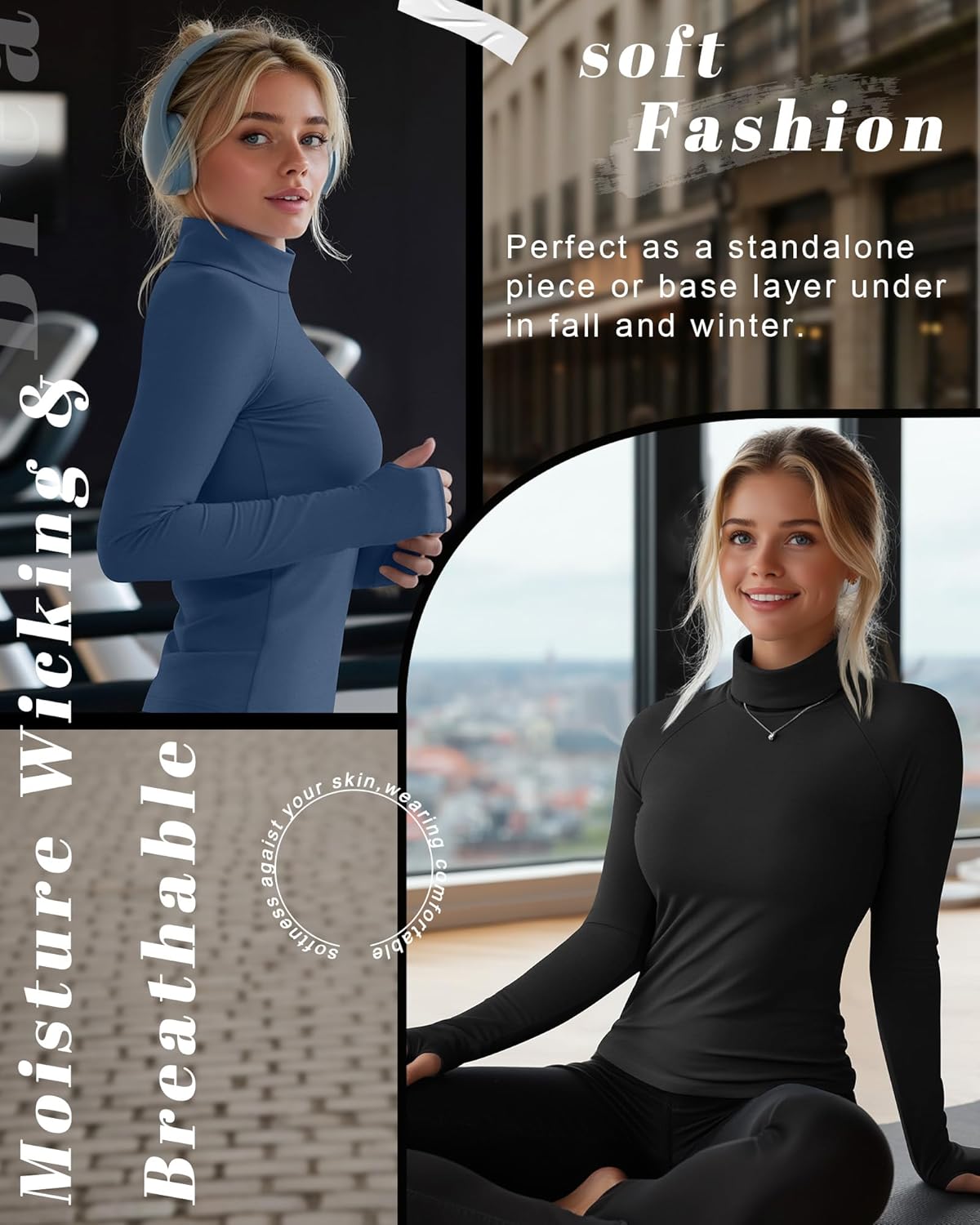 4 Pack Women's Turtleneck Shirts with Thumb Holes Long Sleeve Thermal Tops Elastics Slim Fit Underwear - Image 3