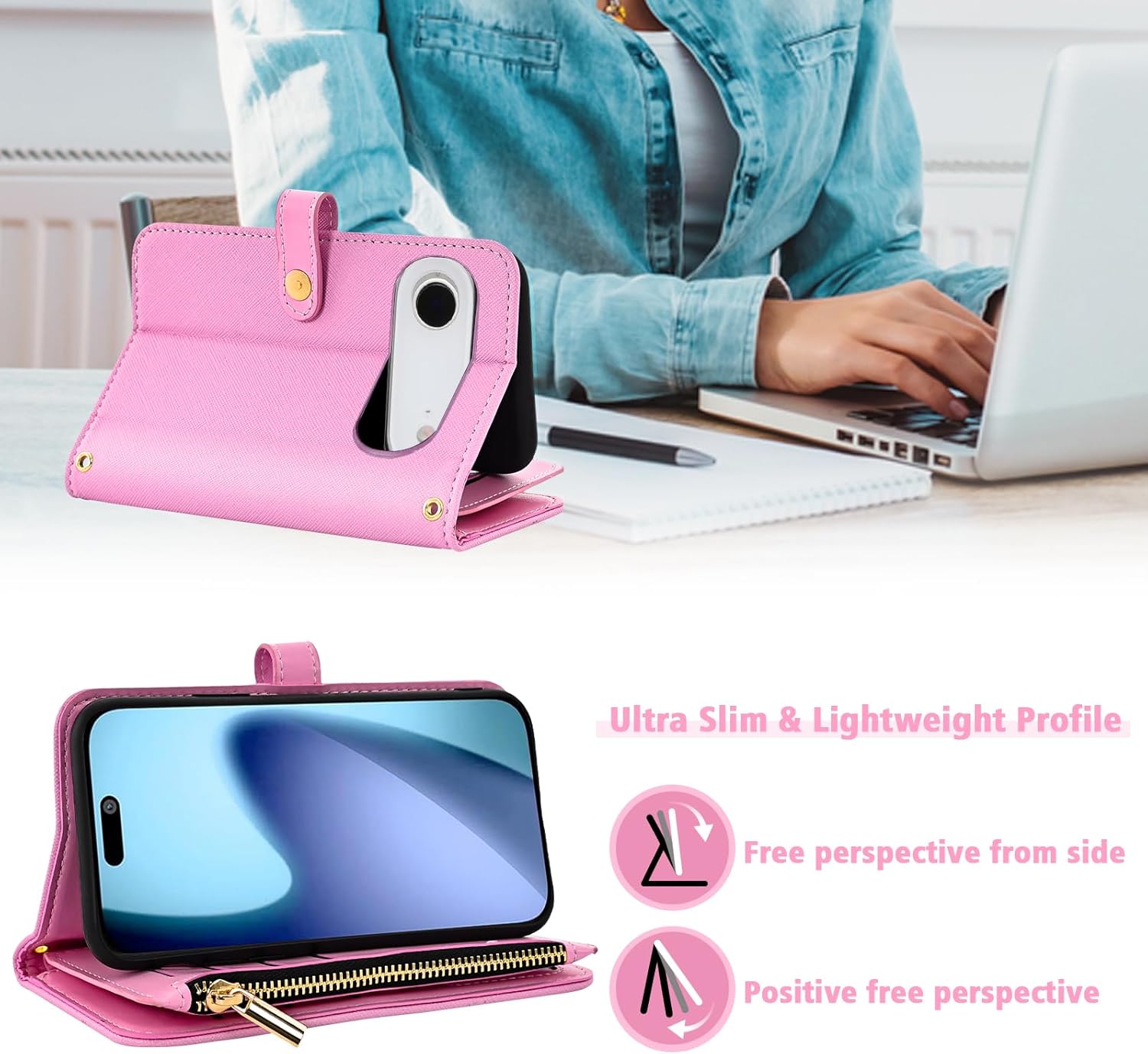 Floral Wallet Case for iPhone 17 Air 6.5 inch & Wrist/Shoulder Strap Flip Zipper Purse, Luxury PU Leather Credit ID Card Holder Stand Accessories Cell Phone Cover for i Phone17 i17 17Air Pink