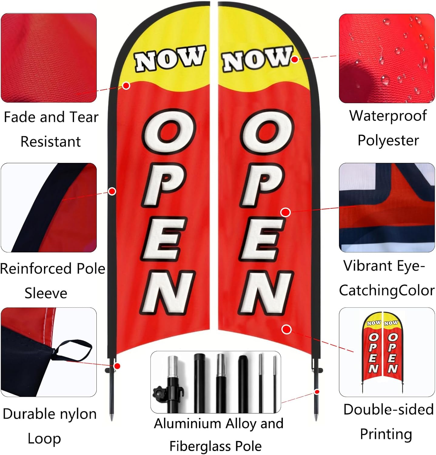 Now Open Flag for Business, 9.18FT Double-Sided Outdoor Advertising Swooper Banner with Pole Kit & Ground Stake – Tear-Resistant Polyester Feather Flag for Shops, Events & Promotions - Image 3