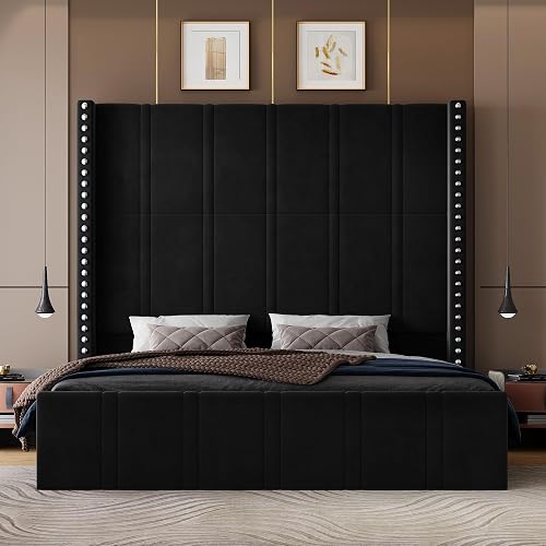 Smpath King Size Bed Frame with 65.75" Tall Headboard, Black | Velvet Luxury Upholstered Bed Frame with Storage Pockets & Wide Wingback, Noise-Free, No Box Spring Needed, Easy Assembly - Black - King (U.S. Standard)