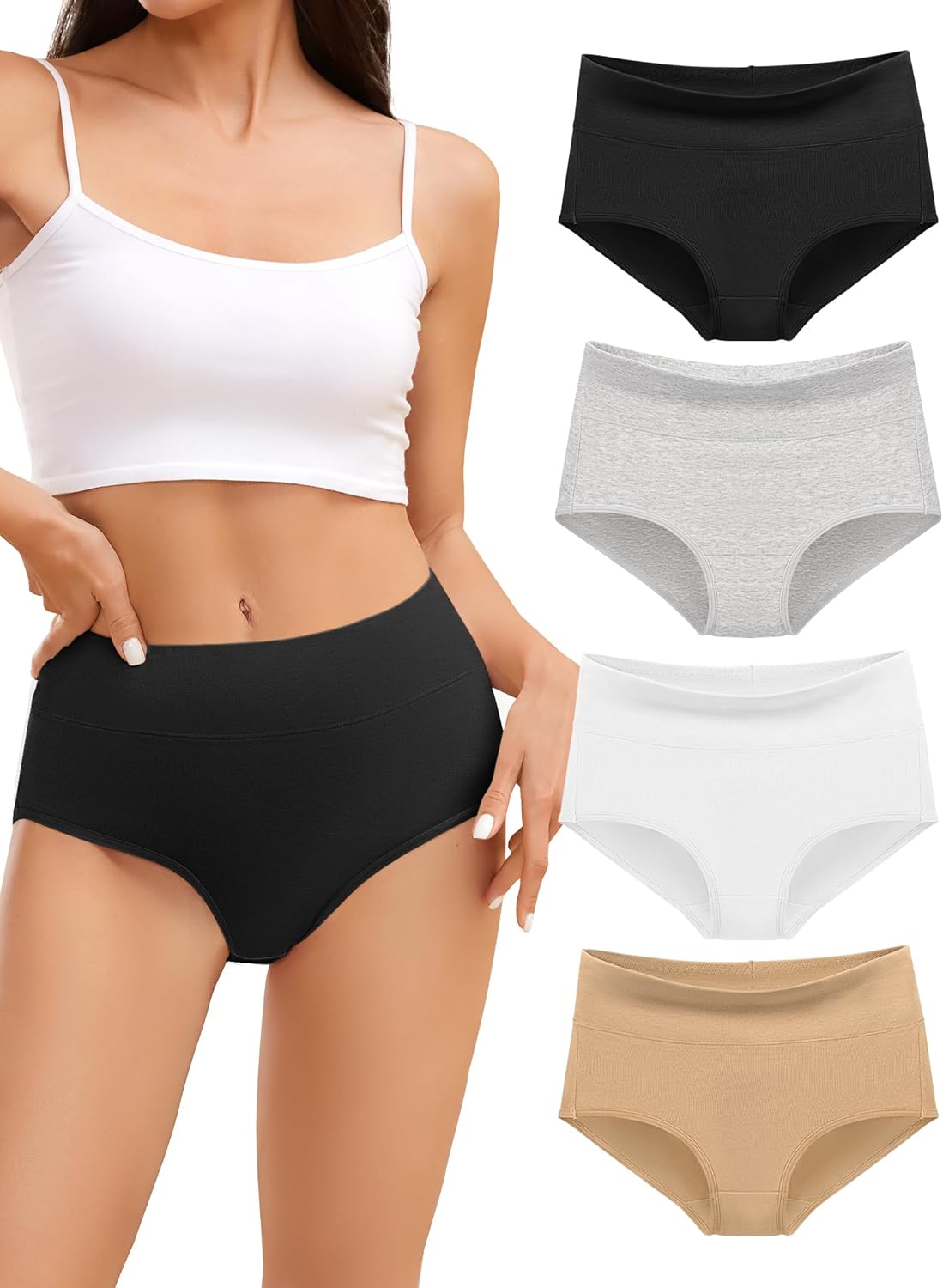 voenxe Cotton Underwear for Women,High Waisted Ladies Panties,Breathable Soft Full Coverage Briefs,Comfy Underpants,4 Pack