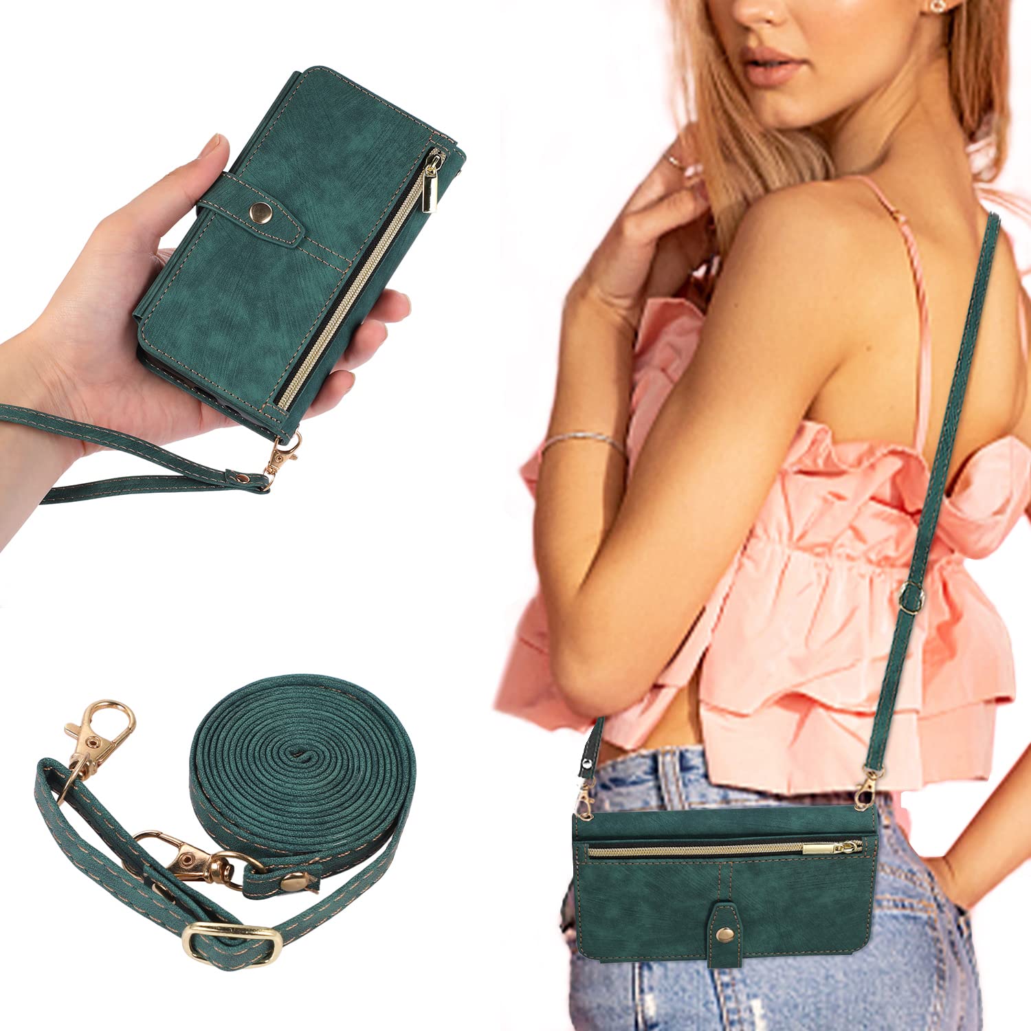 UEEBAI Crossbody Wallet Case for Samsung Galaxy S20 FE 5G, 9 Card Slots Adjustable Crossbody Zipper Cover Detachable Lanyard Strap Flip Case with Hand