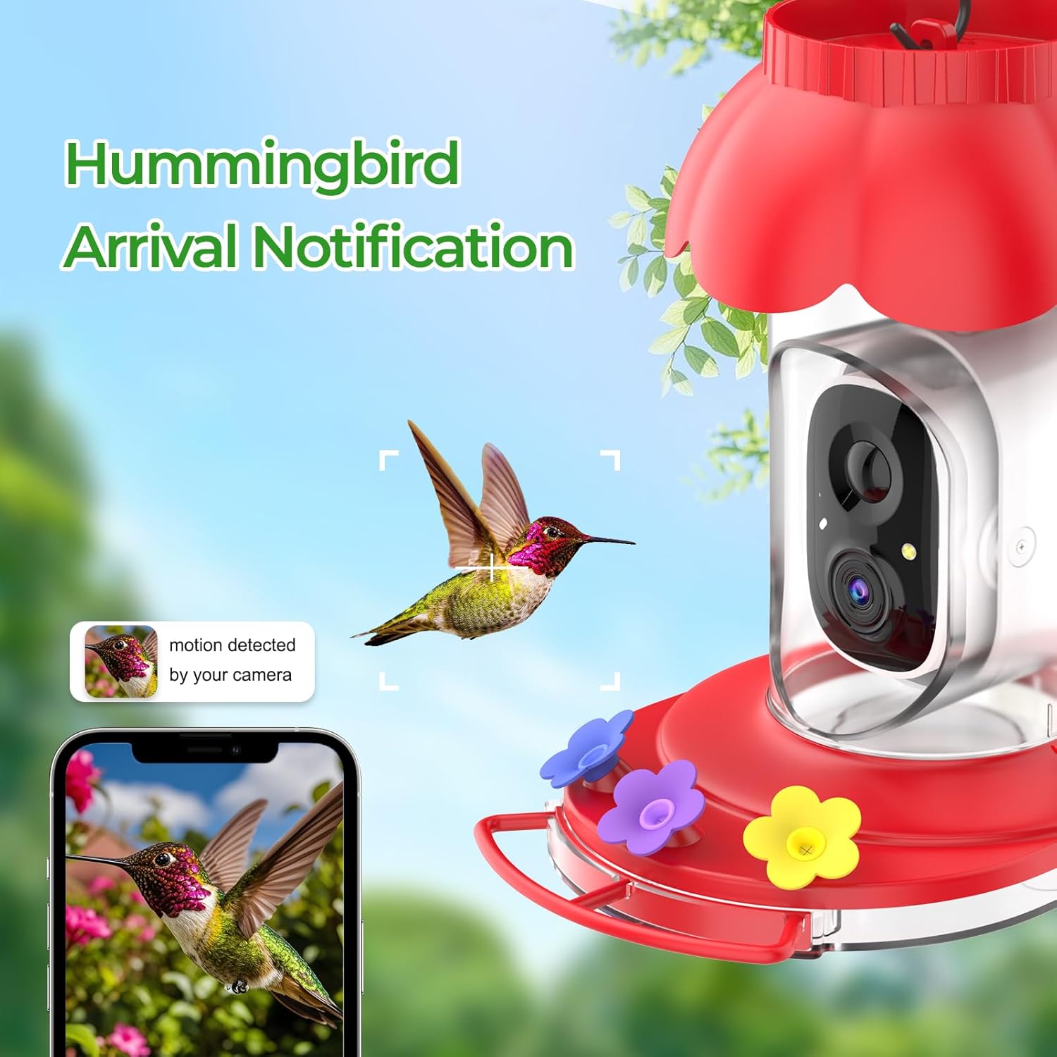 Smart Hummingbird Feeder with Camera Solar Powered, 2K Live View Humming Bird Watching Camera, AI Identify, Instant Notifications, Ant and Bee Proof, 3 Color Feeding Ports,Hanging on Porch Patio - Image 2