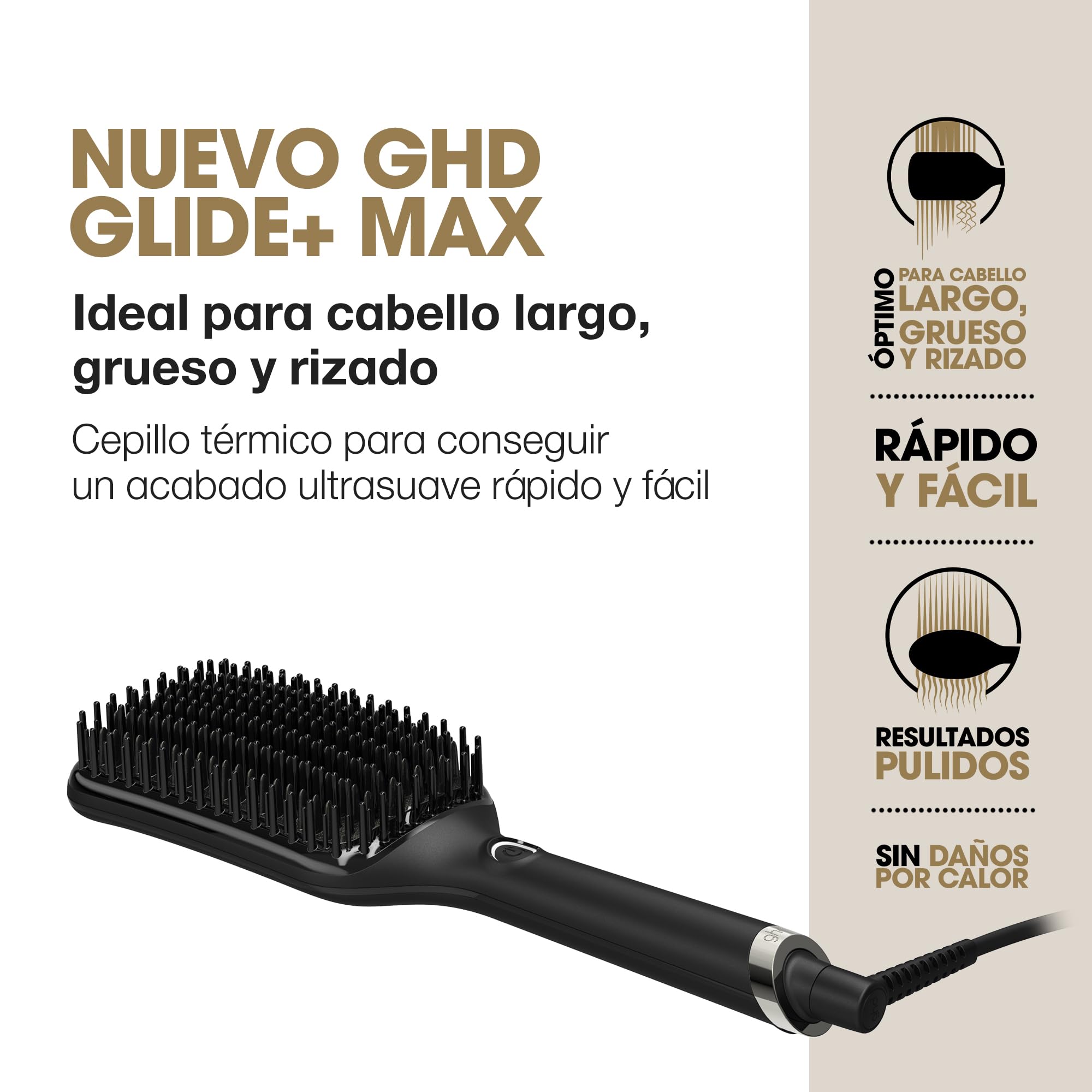 ghd Glide+ Max - Cepillo Térmico Alisador de Pelo, Acabado Liso Natural | Superficie más amplia, acabado suave, brillante y sin frizz, púas cerámicas - Para todo tipo de cabello - (Enchufe Europeo)