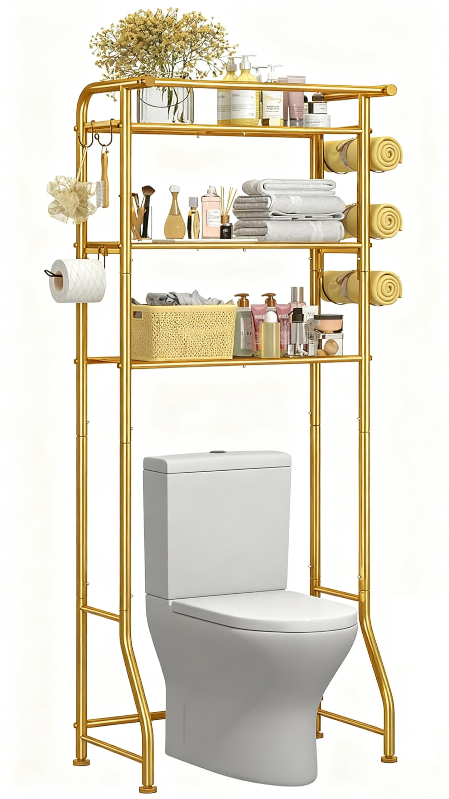 Simple Trending Over The Toilet Storage Cabinet, Metal Bathroom Shelf Organizer with Paper Holder and Hooks, 3 Tier, Black: 3 Tier Gold
