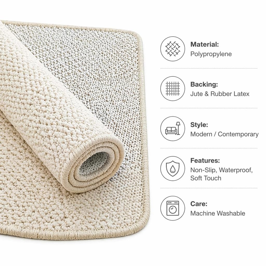 Tappeto ultra lavabile, 7 x 12 cm, color crema, per soggiorno, camera da letto, sala da pranzo, casa, ufficio, sala giochi, impermeabile e antiscivolo (1,5 x 2,4 m)