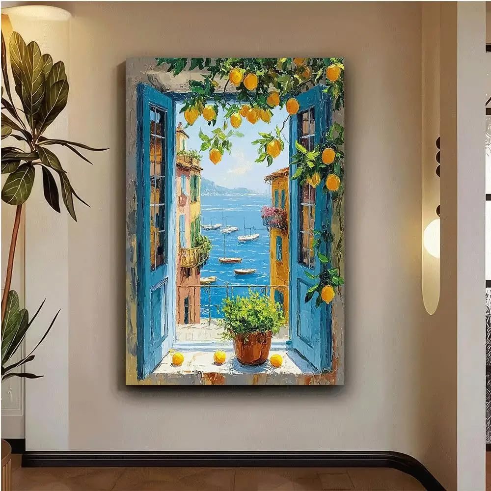 Dittelle Quadri decorativi con paesaggio marino visti dalla finestra, adatti per soggiorni, camere da letto, corridoi, bar, caffè e ristoranti (30x40 cm/cornice interna)