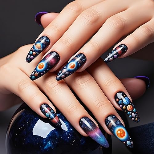 Cosmic Starry Press On Nails Long Coffin - Fantasy Planet