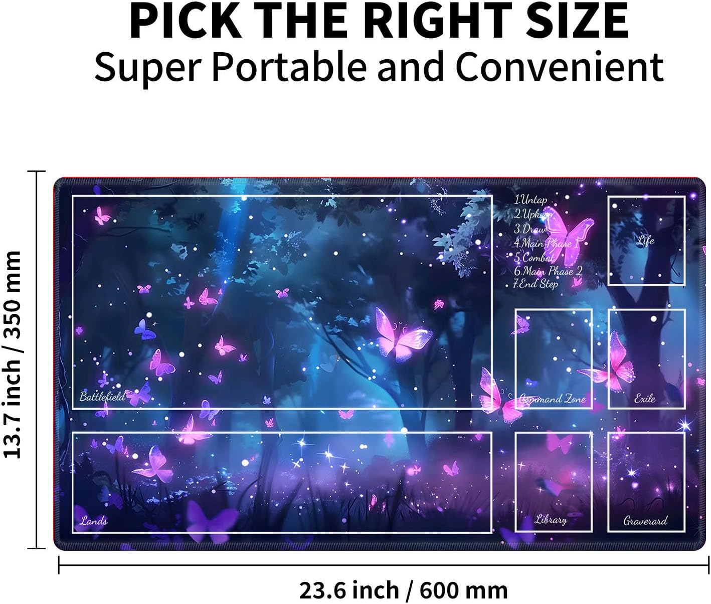 Patterned Gaming Playmat with Play Zones for MTG, Compact Card Game Mat with Storage Bag for Cards, Natural Rubber Desk Pad, 23.6 x 13.7 inch, Group of Pink Butterflies Fly in Woods