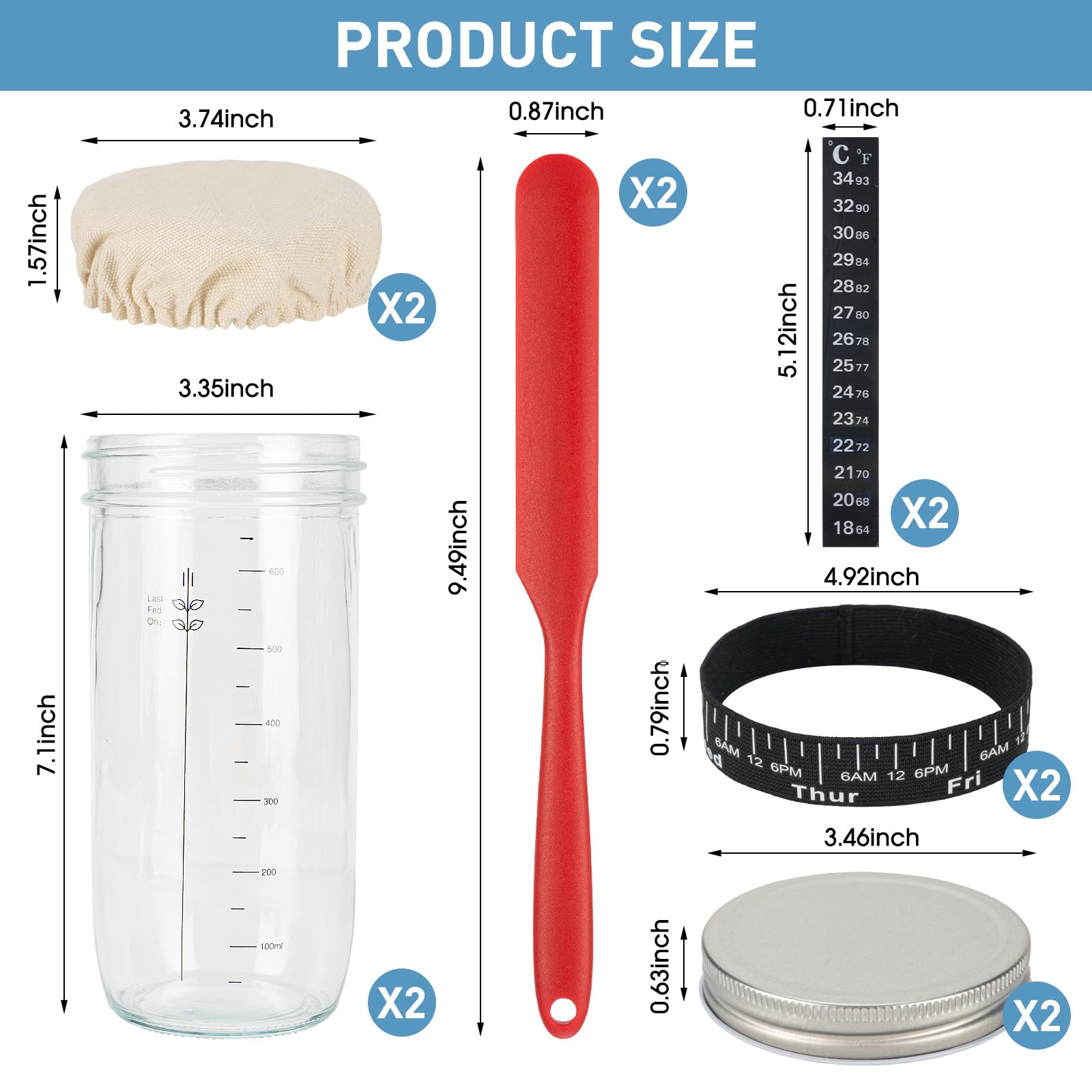 Lot de 2 pots de levain en verre de 730 ml avec bande d'alimentation pour dates, thermomètre, couvercle en tissu et couvercle en métal, fournitures de cuisson réutilisables pour pain au levain
