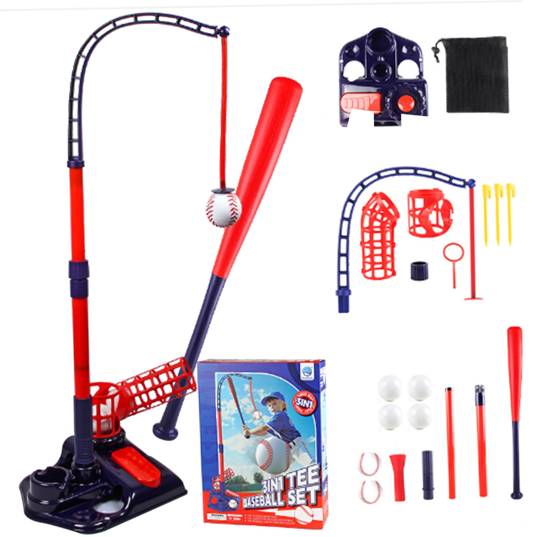 Jorzer Tee Ball Set, 3-en-1 Tee Popper Set avec Machine à tangage, battage de Baseball rétractable au bâton réglable ＆ 4 balles, Popper pour Les Cadeaux pour Enfants
