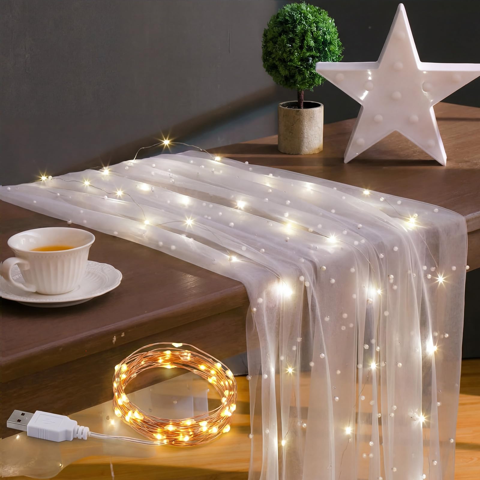 Kinlop Tischläufer zum Einstecken mit LED-Lichtern, 3 m, 162 x 305 cm, Weiß | Für Valentinstag, Hochzeit, Geburtstag, Babyparty-Zeremonie, weißer Chiffon-Tischrock, Tischdecke, Außendekoration