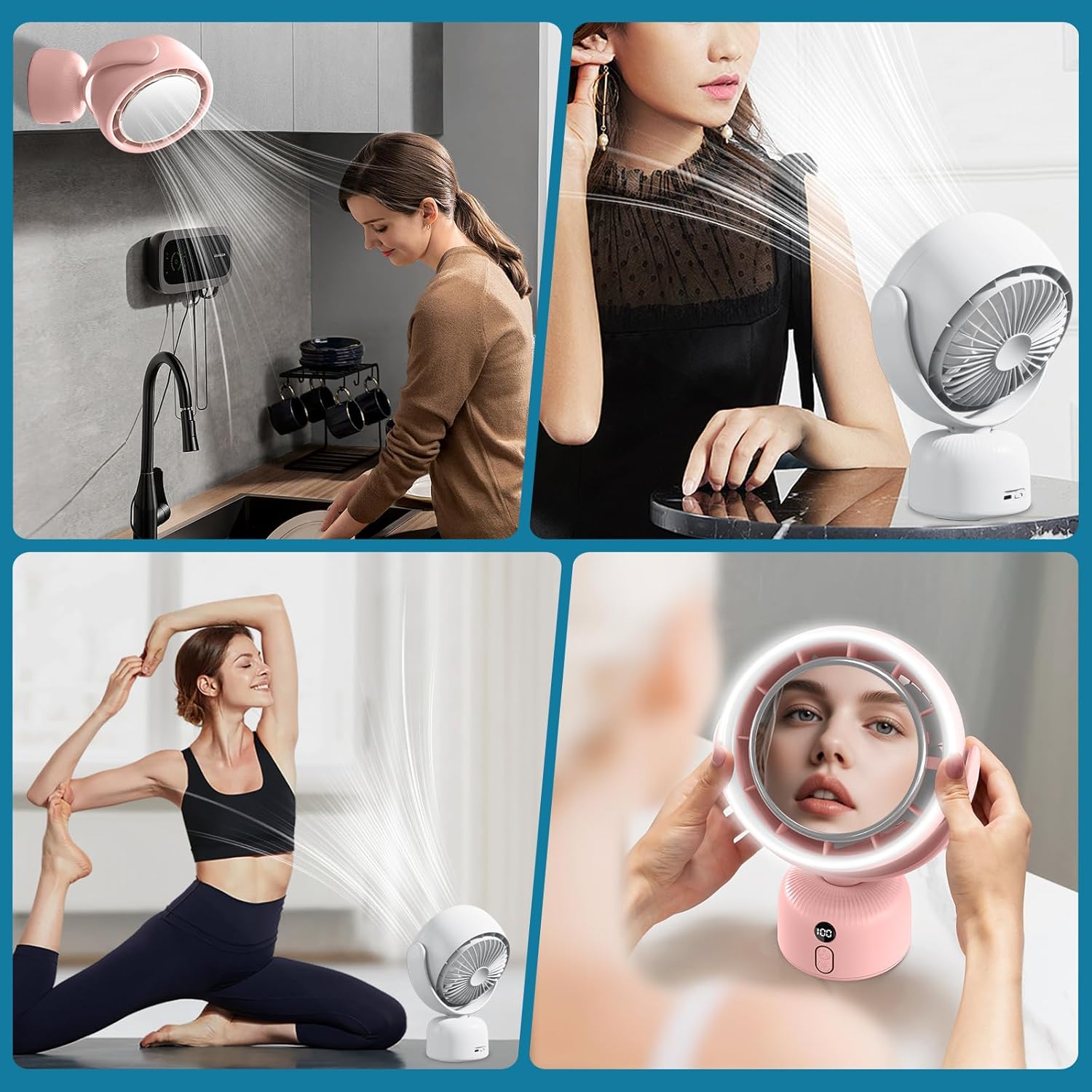 6000mAh Rechargeable Table Fan with Makeup Mirror and 3 Level Dimable LED light Desk Fan Oscillating Function, 5-Speed Cooling for Home, Kitchen,Office & Outdoor Bladeless Fan Design (Pink)