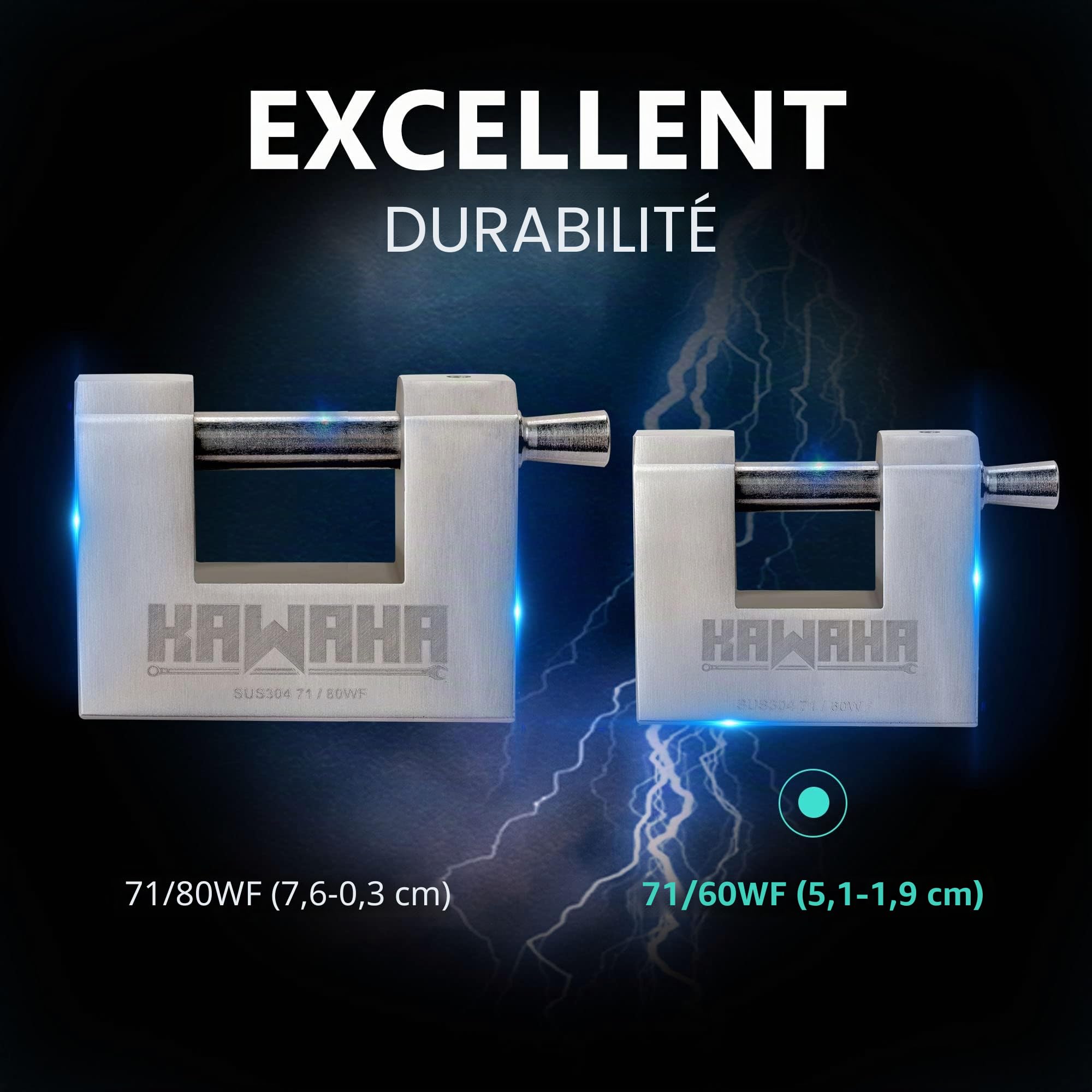71/60KD-5SK Cadenas en acier inoxydable en forme de D, robuste, avec clé pour portail de garage, conteneur, remise et entrepôt (6,4 cm, différentes clés, 5 clés en acier inoxydable)