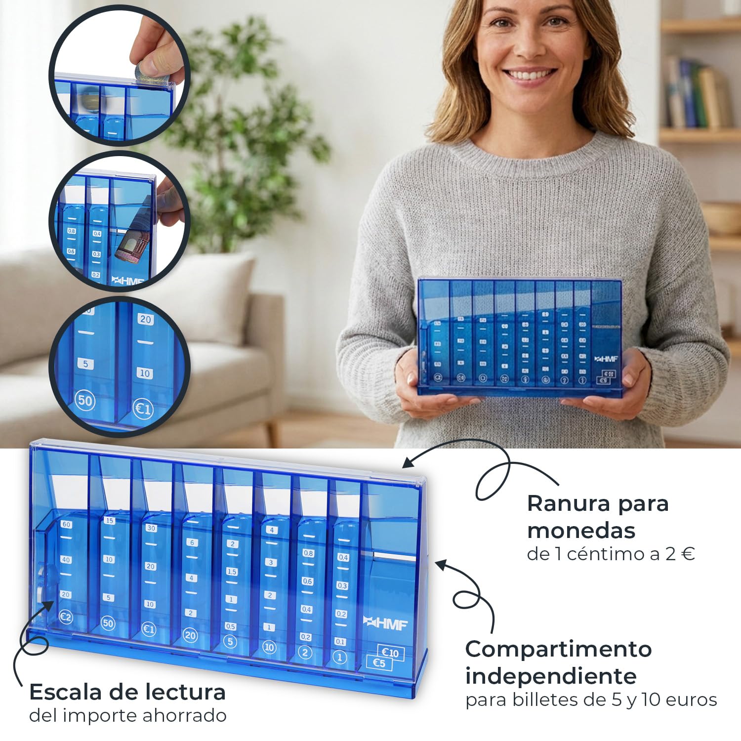 HMF Contador de Monedas con clasificación automática para Guardar Monedas, clasificador de Monedas Transparente con Escala de Valor como Hucha para niños | 24 x 12 x 5 cm | Azul