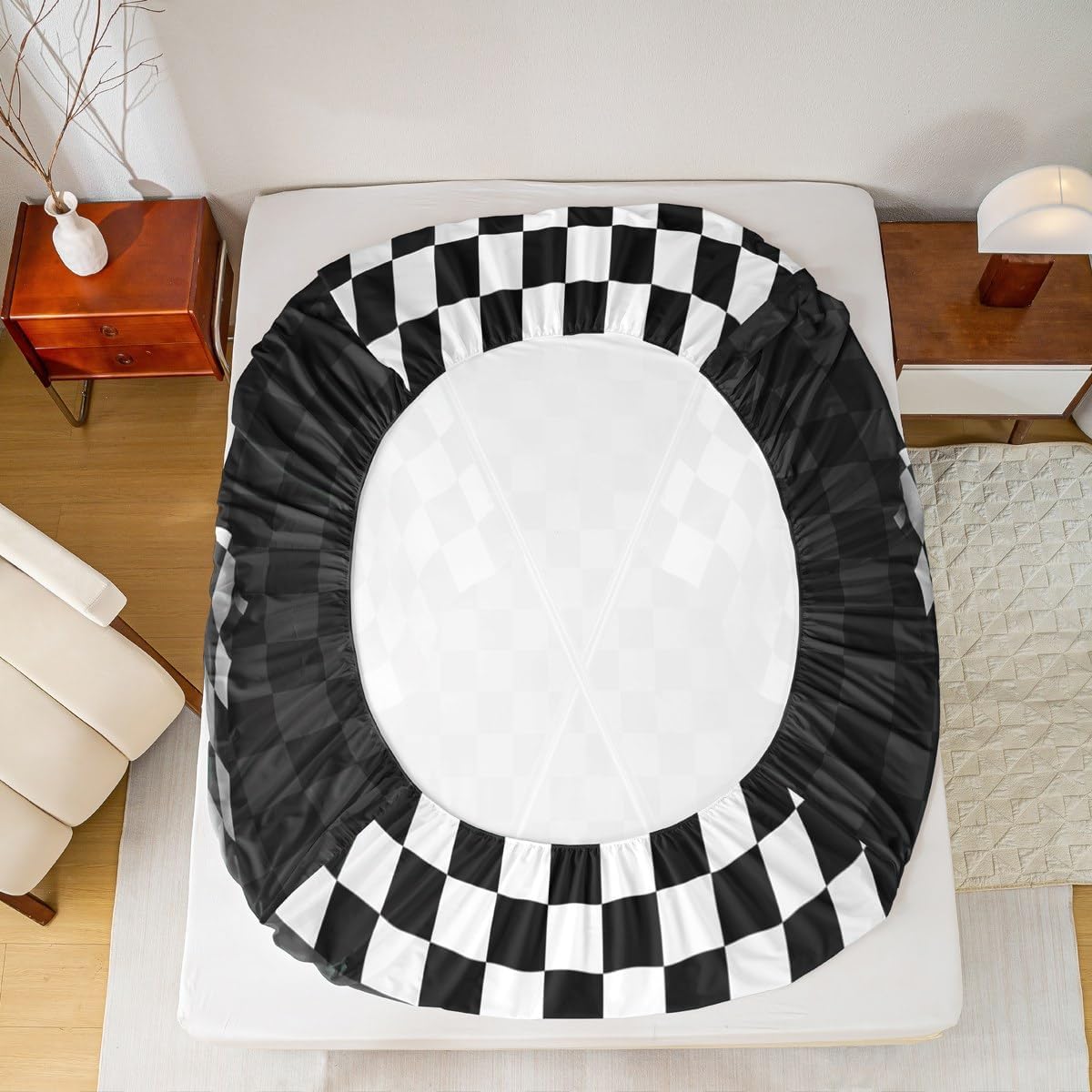 Racing Car Kids Sheet Twin Size,Boys Girls Adults Bedroom/Gamer Decor,Flags Checkered Grids Geometric Bedding Set,Modern Sports Stylish Black White Bed Sheet Set 3pcs(Fitted + Flat + 1 Pillowcase)