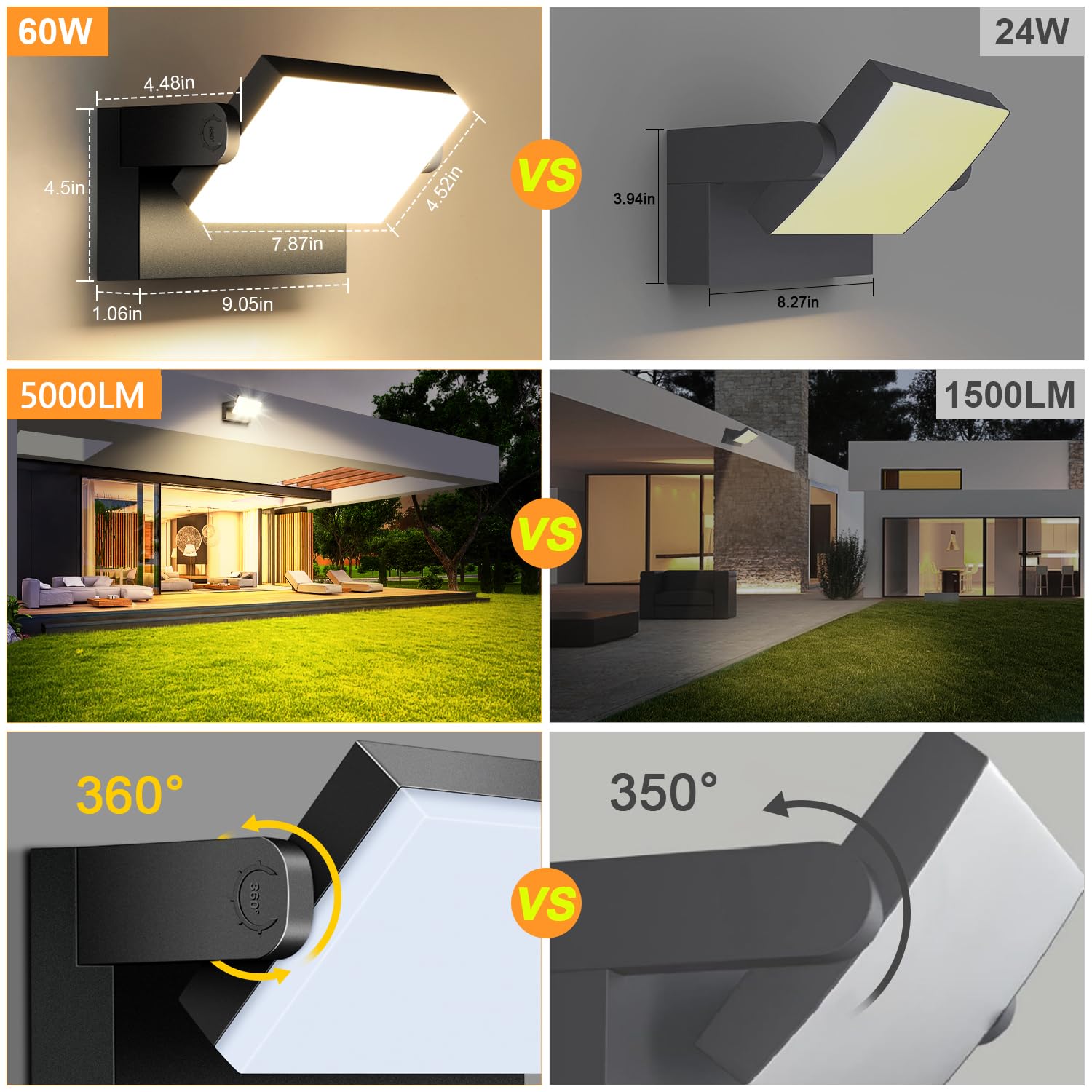 ledmo 60W Applique da Parete Esterno/Interno 360° Lampade da Esterno Regolabile Applique Esterno per Terrazza Corridoio Giardini, Nero, 126 LEDs, 5000 Lumen, Bianco Caldo 3000K, IP65