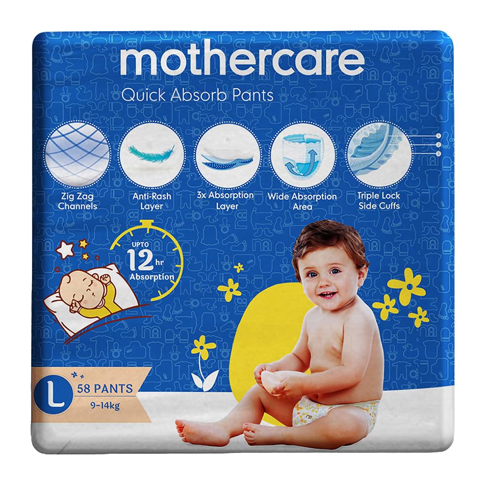 Mothercare Quick Absorb Baby Diaper Pants, Large (9-14 Kg), 58 Count,Anti Rash Layer, Wide Absorption Area-image-32