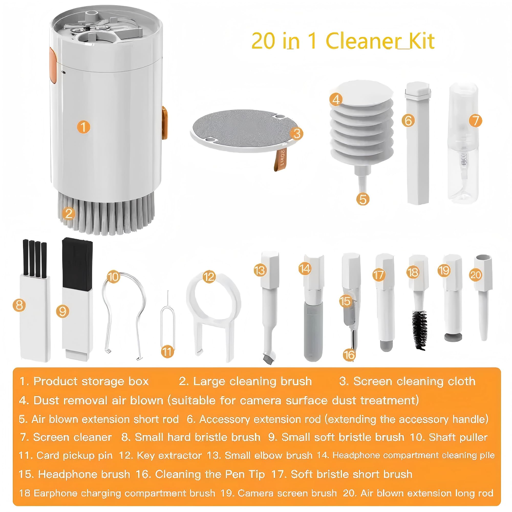 Kit de limpieza electrónica 20 en 1, kit de limpieza profesional de teclado con cepillo retráctil, bolígrafo de limpieza de auriculares y limpiador de pantalla para AirPod, MacBook, iPhone