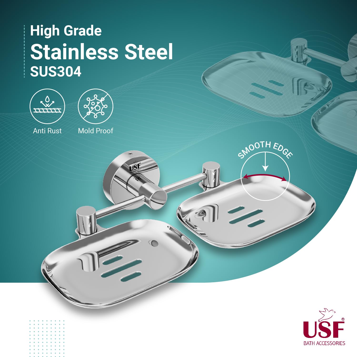 USF 100% Pure Satinless Steel Soap Holder for Bathroom | Steel Grade 304 | Zero Rust Dual Soap Stand | Wall Mounted Soap Dish Oragnizer with 25 Years Warranty (Chrome Finish) 2