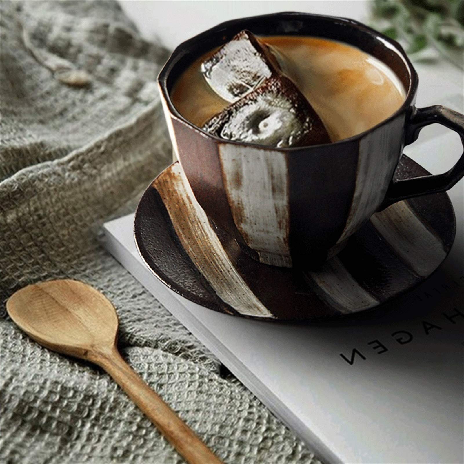 Taza de café, Taza de té, Taza de café y platillo de gres clásico a Rayas, Taza de té para el hogar, Taza de café de Arte Retro, Hecha a Mano