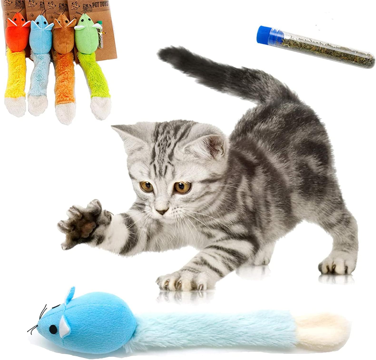 GUGELIVES 4Pcs Catnip Mice Cat Toy, Interactive Cat Chew Toy Bite Resistant 15 Inch Long Soft Short Plush Toys for Cats,Filled Cartoon Mice Kitten Toys