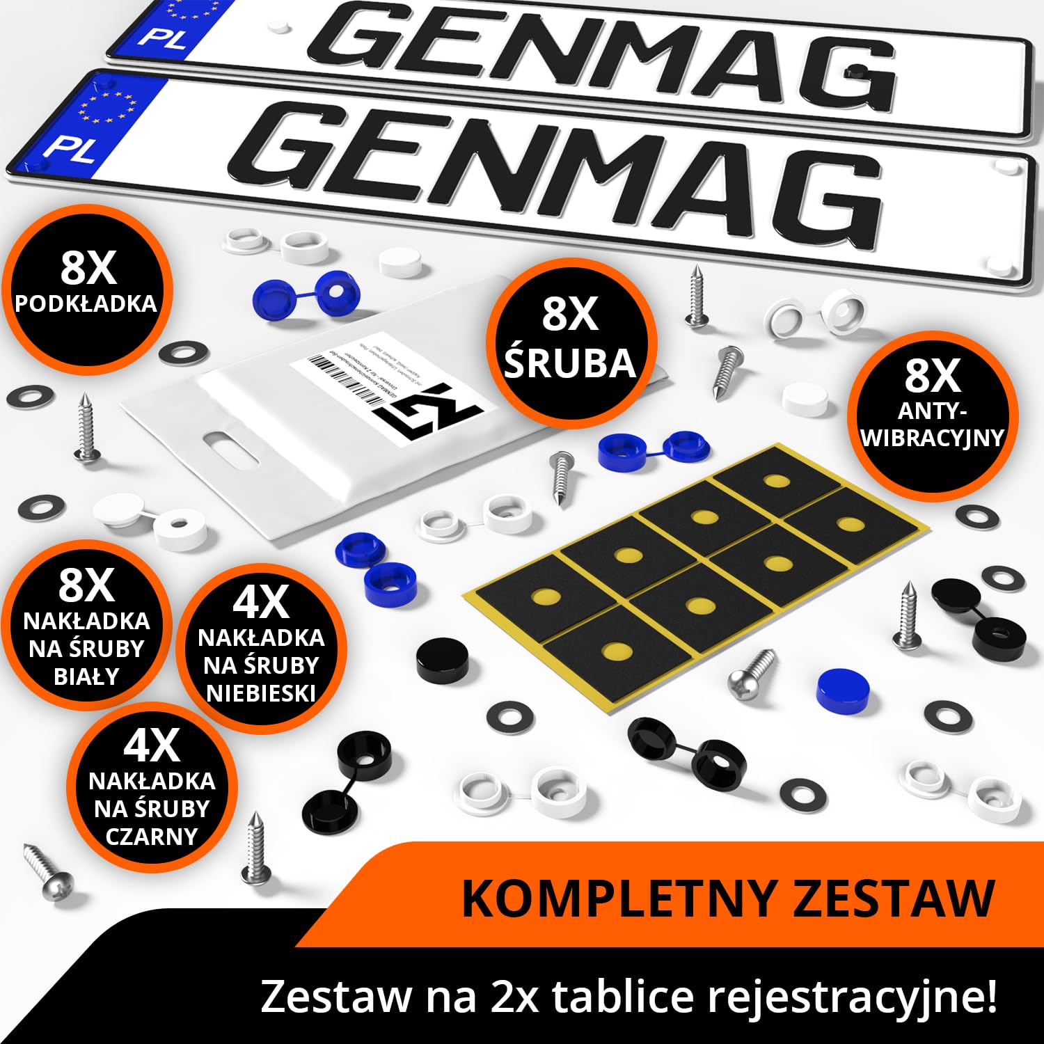 GENMAG® Śrubki do Tablicy Rejestracyjnej z Zaślepkami | Ramki pod Tablice Rejestracyjne | Bezramkowy Uchwyt Tablicy Rejestracyjnej z Zaślepki i Śruby | Wkręty Tablicy Rejestracyjnej z Zaślepka