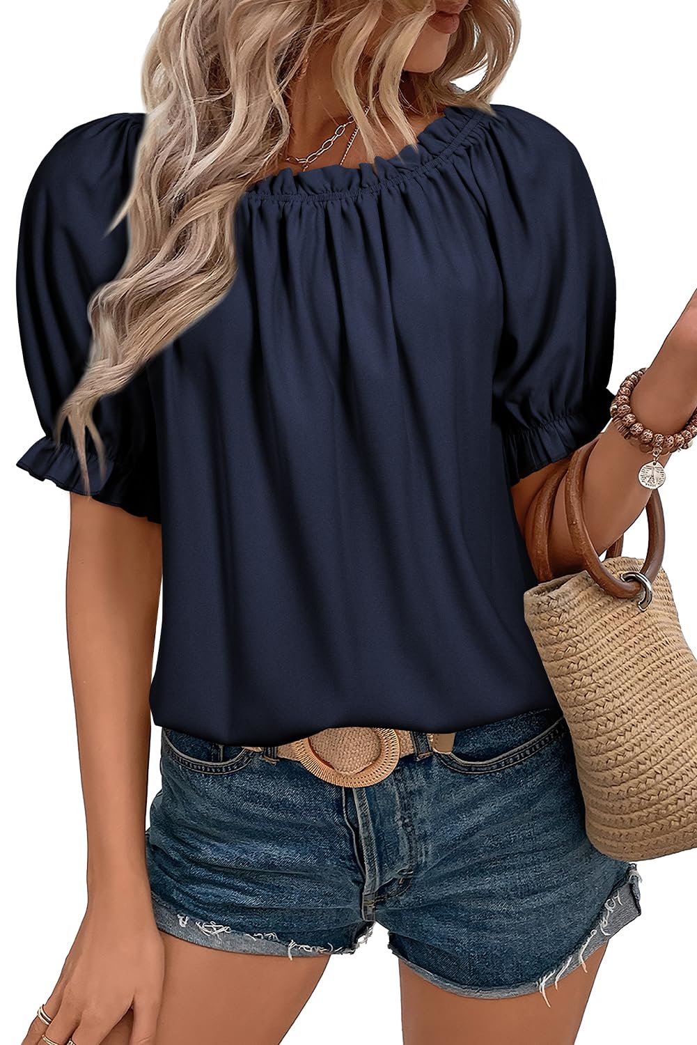 EVALESS Womens Tops Off The Shoulder Blouses for Women Dressy Casual Cute Puff Sleeve T Shirts Fashion 2025