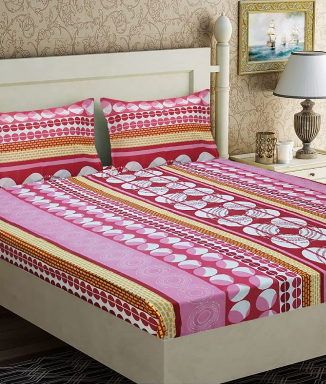 HOMETALES Cotton Geometric Printed BedSheet with 2 Pillow Cover,Pink