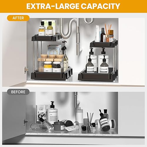 Miniatura 6 de Paquete de 2 organizadores y almacenamiento debajo del fregadero, organizador deslizante de fregadero de cocina de 2 niveles, organizadores de baño