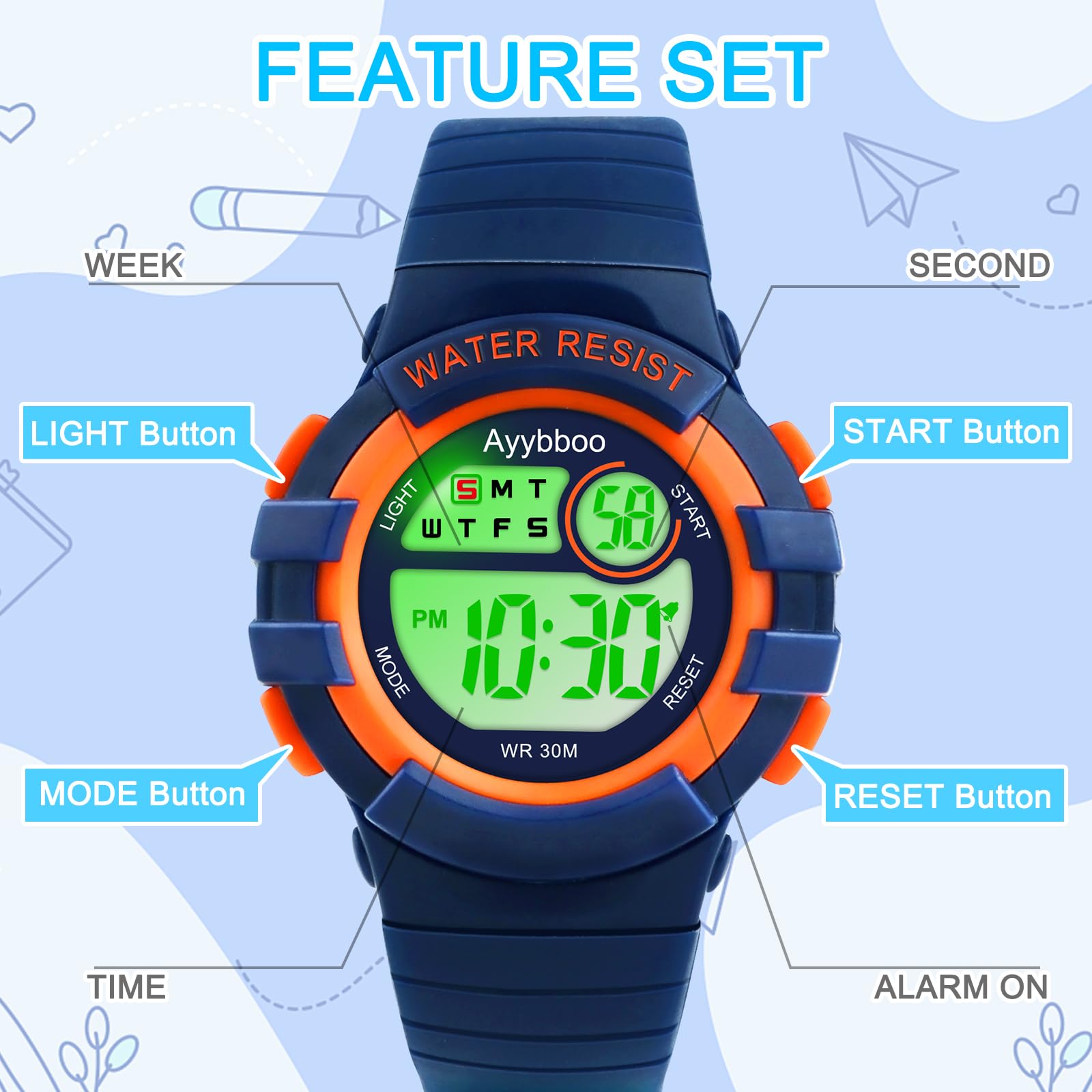 Reloj Niño Digital Infantil con 7 Luces LED,Impermeable 3 ATM, Alarma,Fecha,Cronómetro,Reloj Deportivo de Pulsera para Niñas y Niños,Regalo Ideal