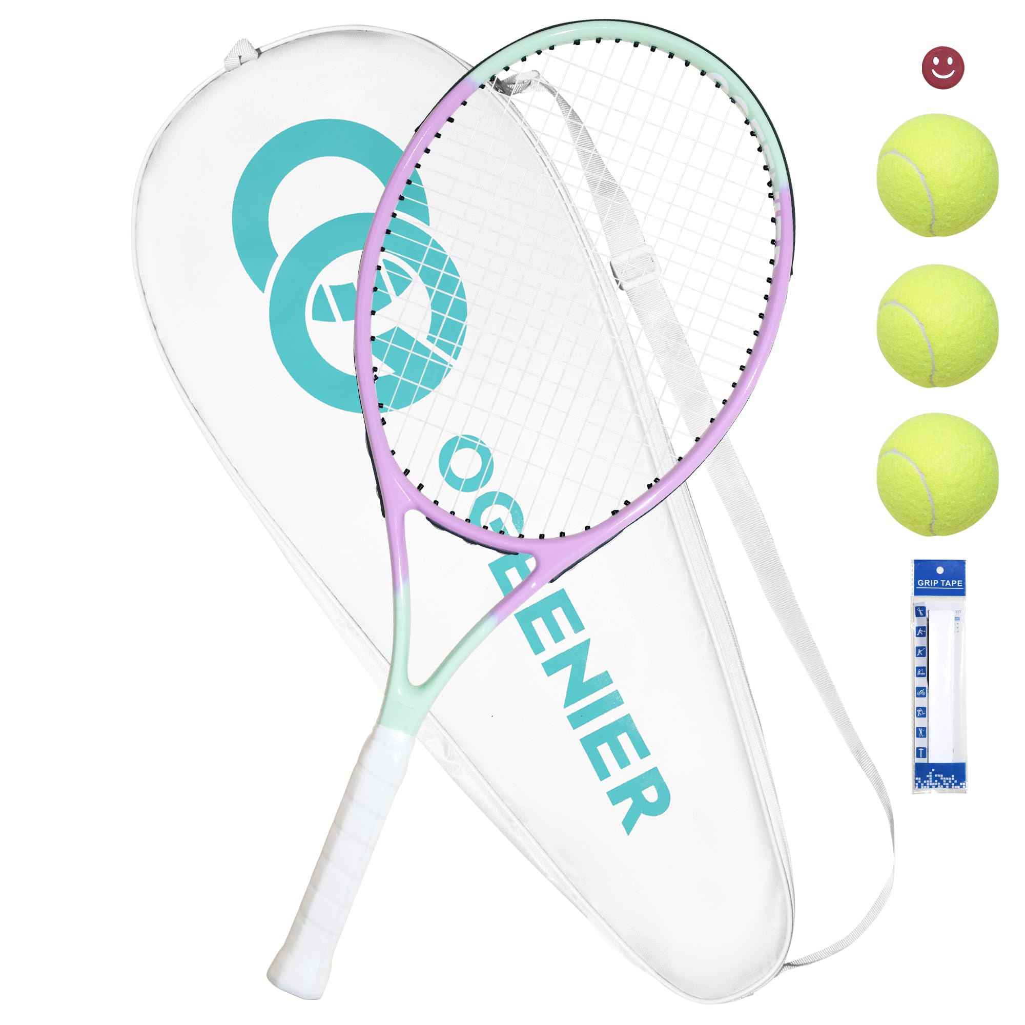 OGEENIER 27" Tennis Racket for Adults, Pre-Strung Tennis Racquet for Beginners, Lightweight and Recreational Rackets with 1 Overgrip and 3 Balls