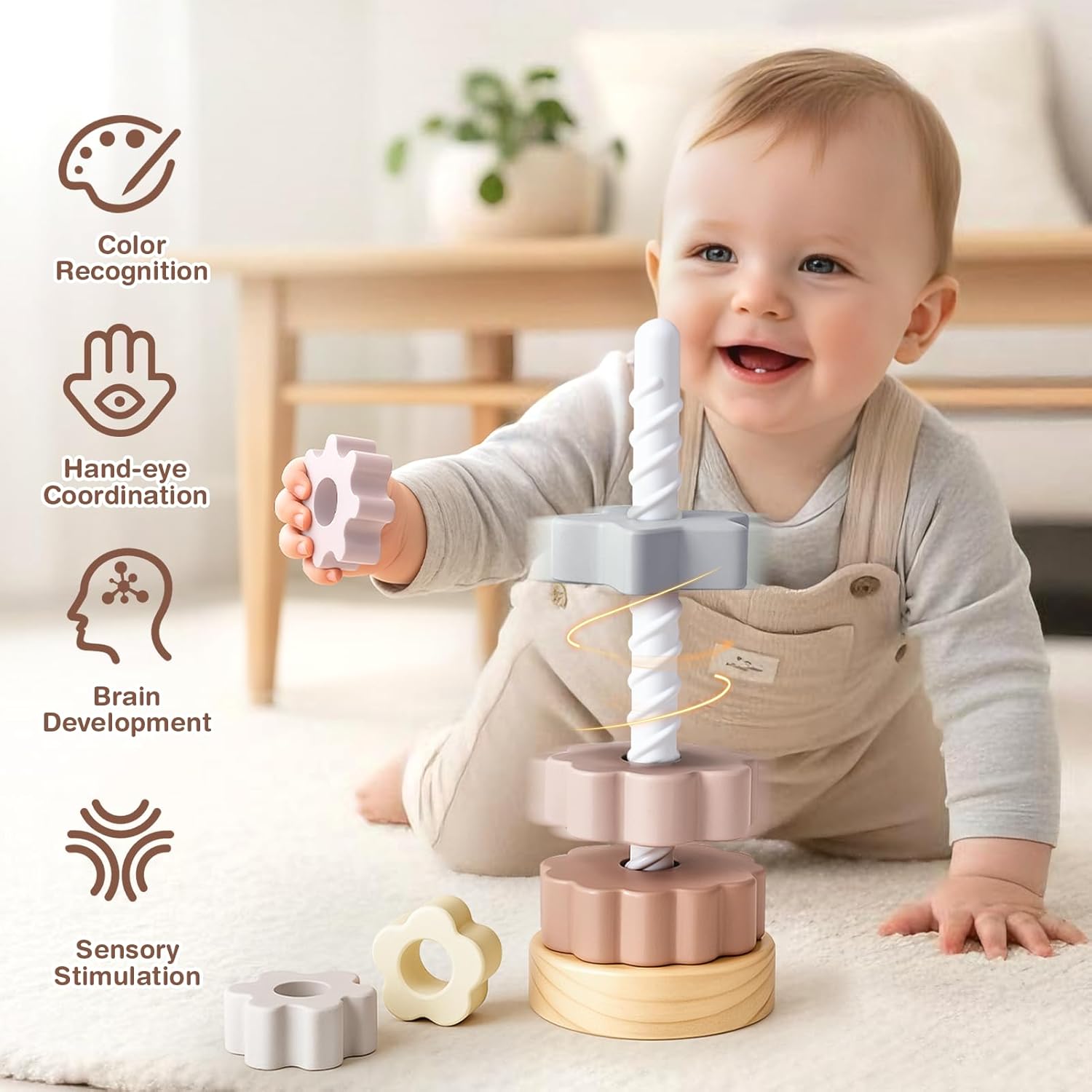 Joyreal Wooden Spinning Stacking Toys, Neutral Ring Stacker Montessori Toys for Toddlers 1-3, Christmas Birthday Gifts for Boys Girls