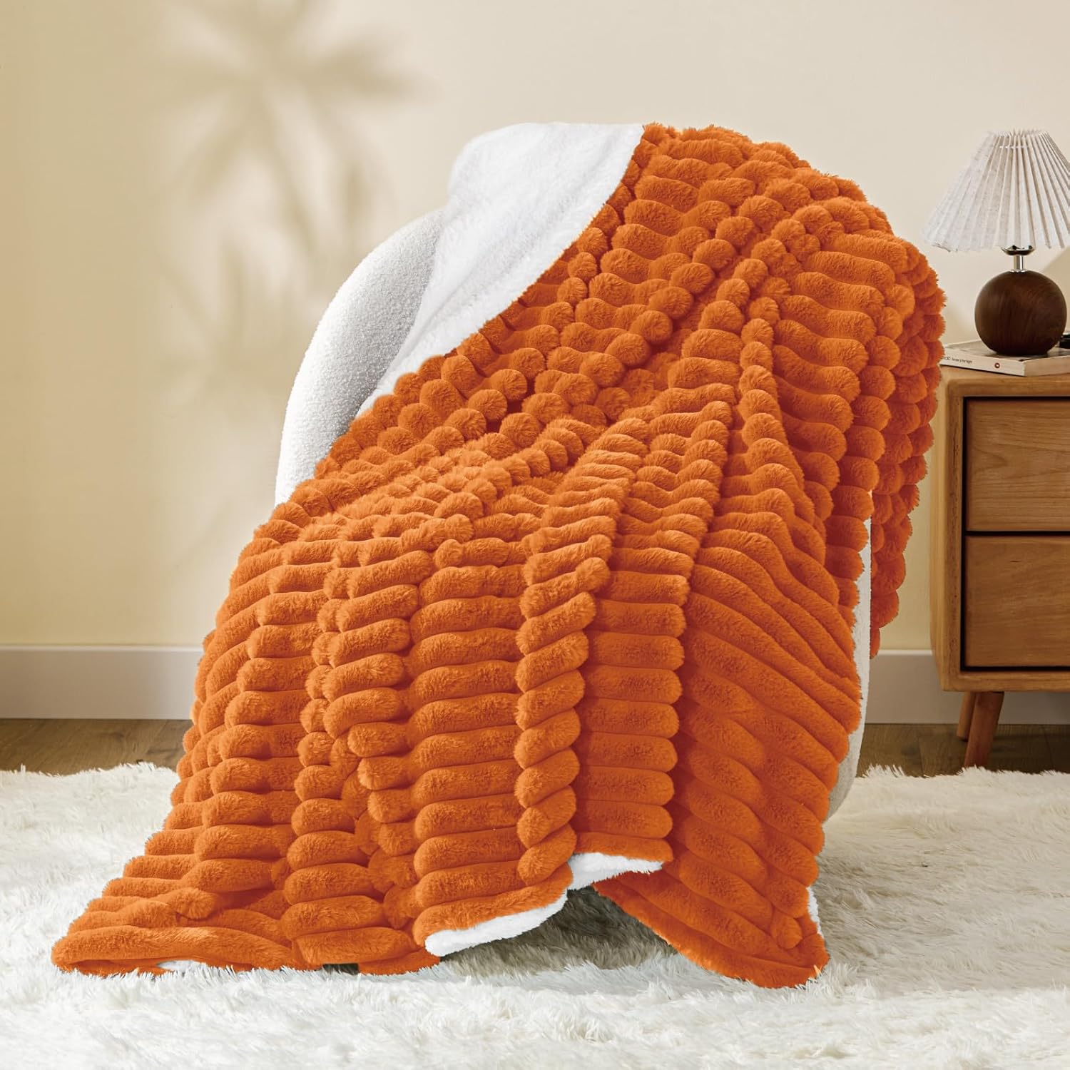 INFIIXSO Sherpa Throw Blanket for Couch - Super Soft & Warm Striped Fleece Blanket, Cozy Plush Fluffy Blanket All Season Use (Burnt Orange, 50x60 Inches) - Image 2