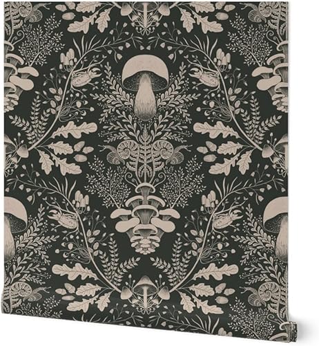 Spoonflower Papel tapiz autoadhesivo de 3 x 2 pies, patrón de damasco de bosque de hongos, verde oscuro, caracol, helecho, bellota, papel tapiz