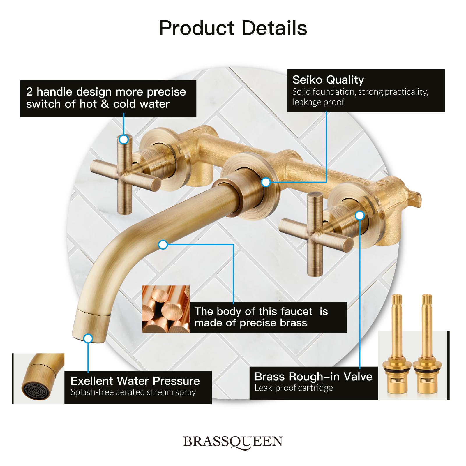 brassqueen Wall Mount Bathroom Sink Faucet Brass Sink Faucet 360 Degree Swivel Spout Rough-in Valve Included Widespread Bathroom Faucet Antique Brass Cross Handles