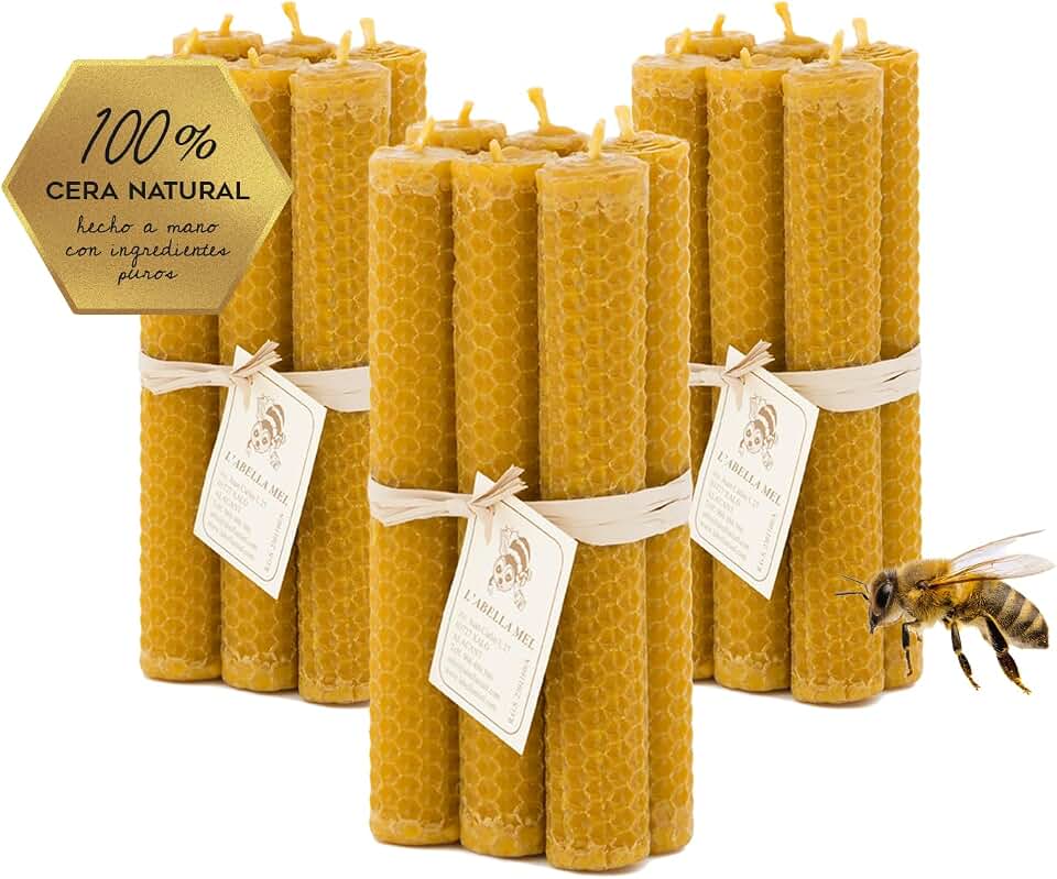 Velas de miel artesanales 20 × 2 cm hechas con cera de abeja natural y mecha de algodón; ideales para ritual, meditación y decoración, velas de cera de abeja natural sin aditivos en un PACK de 18.