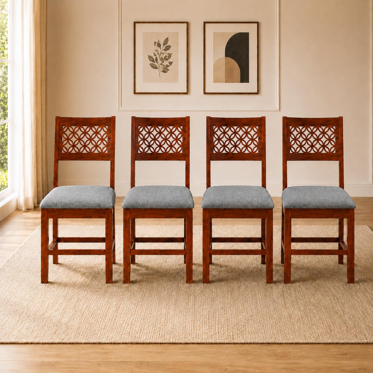 Solid Sheesham Wood Dining Chair Set of 4 | Wooden Dining Chairs Only with Grey Cushioned Seat | Modern Chairs Set for Dining Room, Living Room, Study Room, Kitchen, Home & Office | Honey Finish-image-47