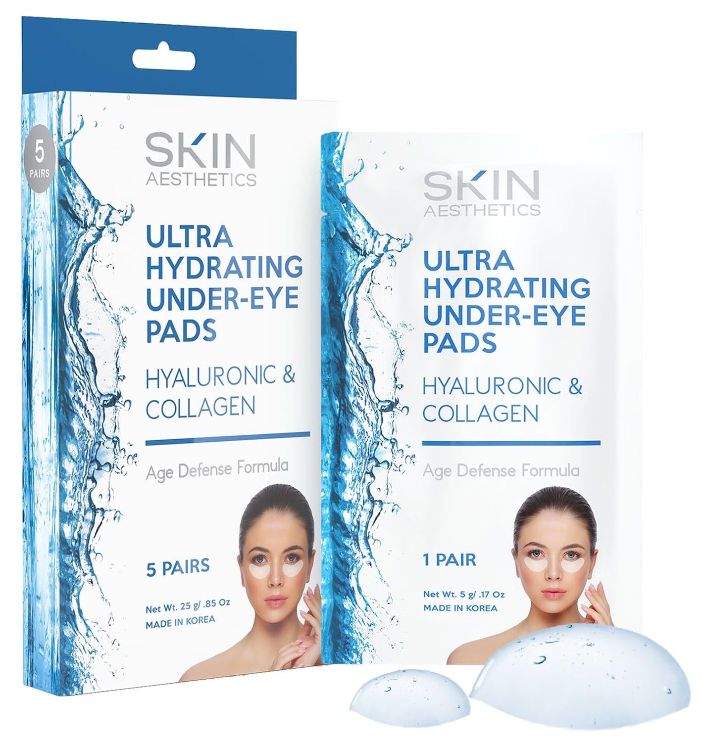 Skin Aesthetics Hyaluronic & Collagen Under Eye Patches - Reduces Puffiness, Eye Bags & Wrinkles, Ultra Hydrating - Dermatologist Tested Korean