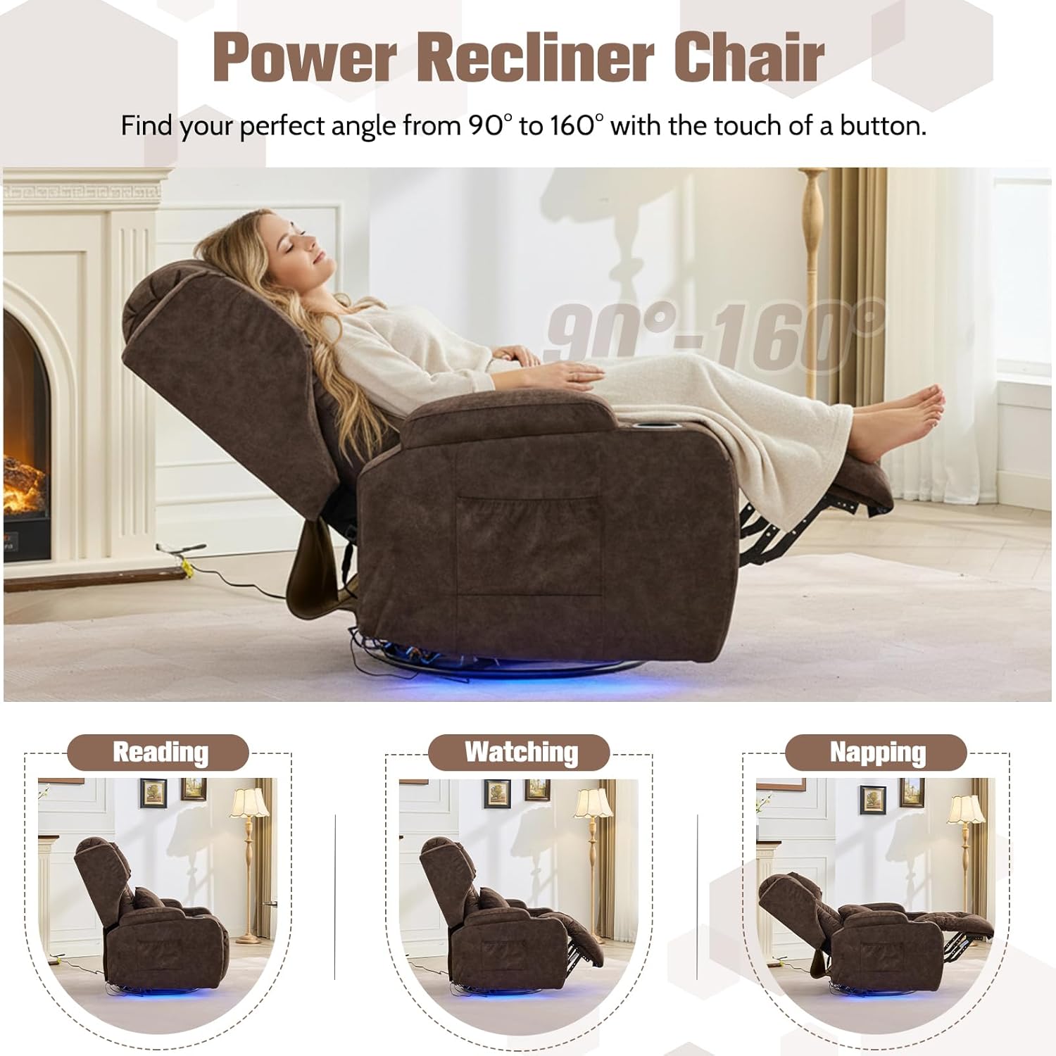 Swivel Rocker Recliner,Power Recliner Chairs for Adults,240°Swivel Rocking Chair with Massage and Heat,Nursery Glider Recliner with Storage,Cup Holders for Living Room (Velvet, Brown)