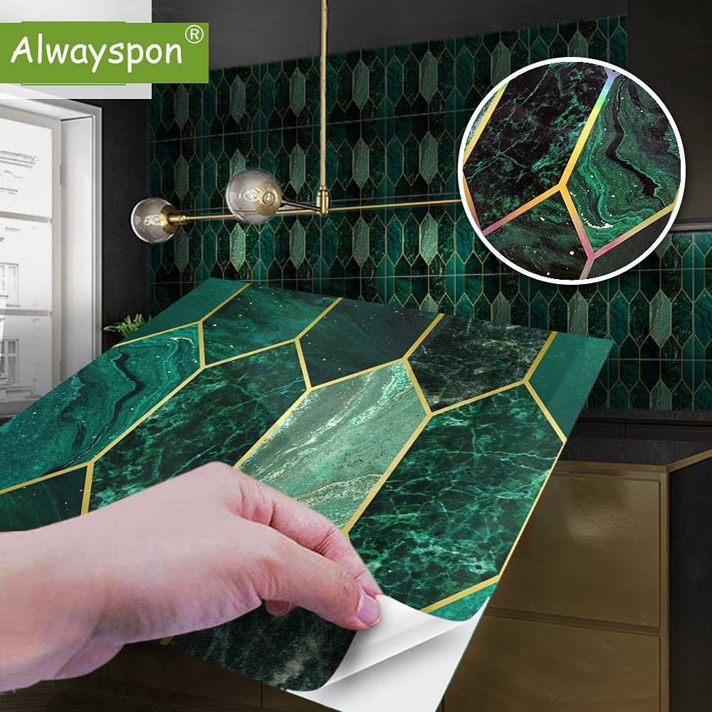 Alwayspon Piastrelle adesive da parete autoadesive, impermeabili, in PCV, per soggiorno, cucina, bagno, decorazione per la casa, 20 x 20 cm, doratura verde, 30 pezzi