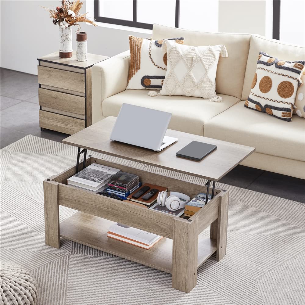 Yaheetech Couchtisch Kaffeetisch höhenverstellbar Wohnzimmertisch mit Ablagefach Sofatisch Beistelltisch Teetisch aus Holz Grau – Bild 2