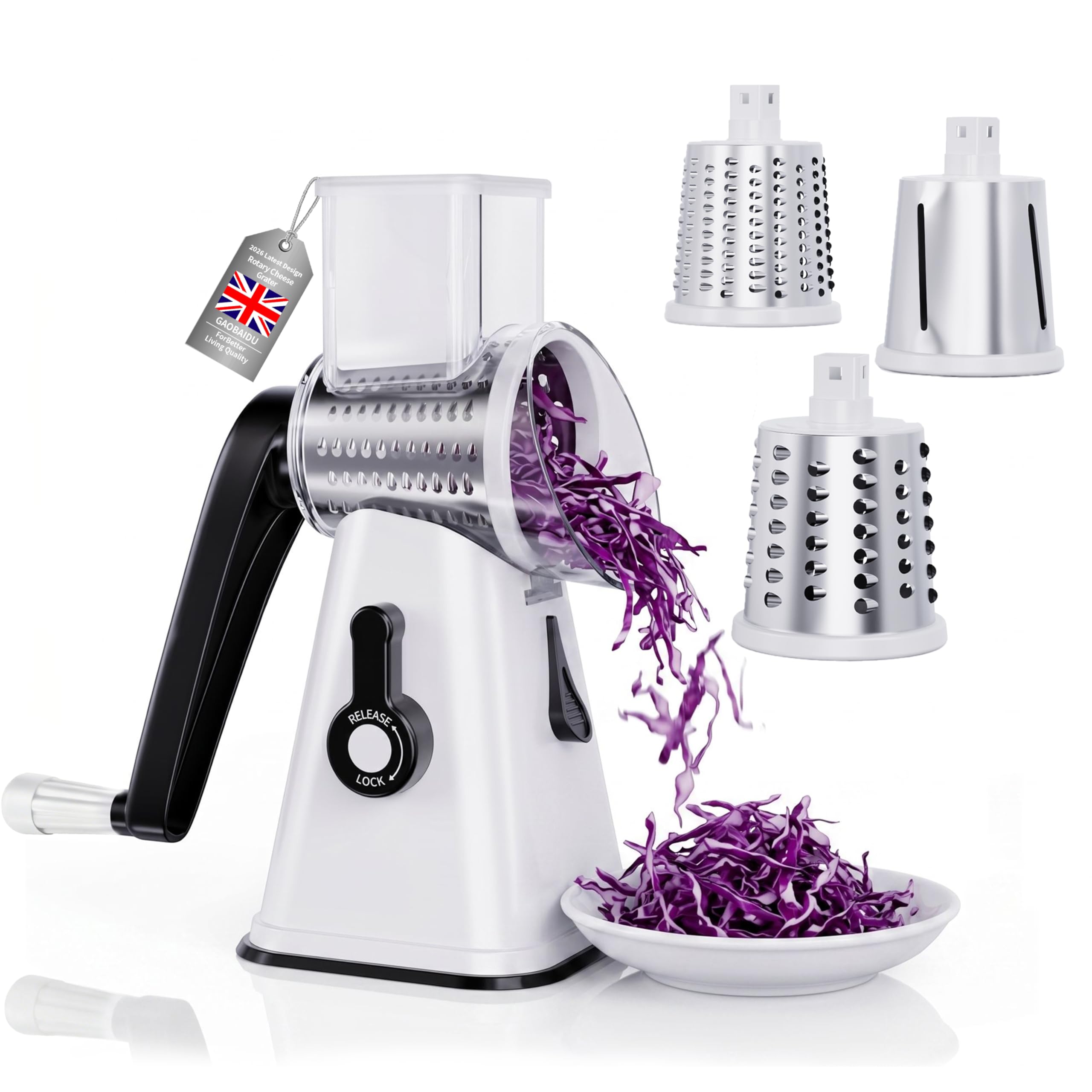 Rotary Cheese Grater, Vegetable Slicer with 3 Replaceable Stainless Steel Drum Blades，Rotary Grater with Handle and Strong Suction Base, for Vegetables, Fruit, Nuts (White)