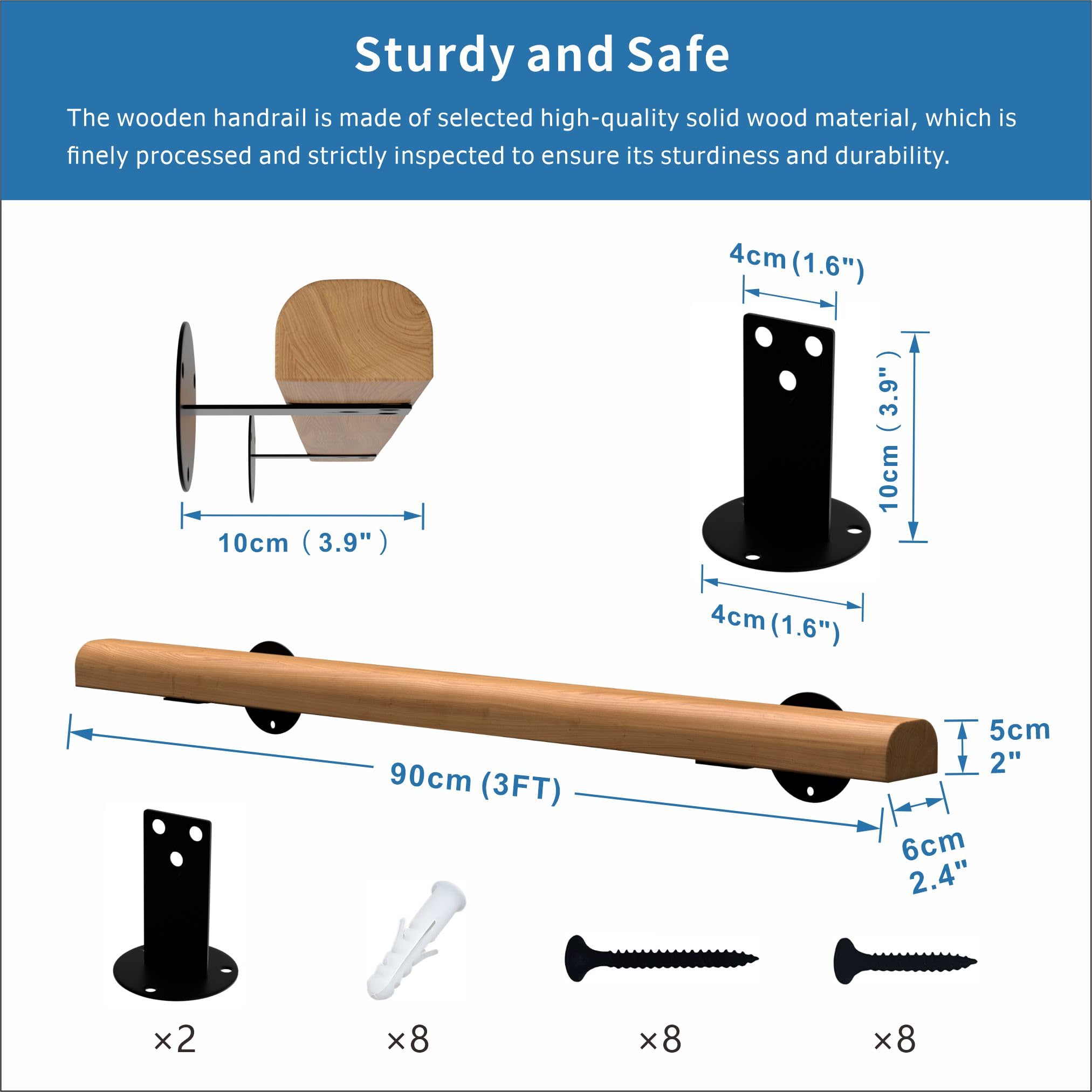 2/3/4/5ft Wooden Railing Handrail for Stairs and Steps Indoor and Outdoor - Flexible Install, Fits Transitional and Concrete Walls Mount - Stair Handrail for Porch, Deck, Fence, or Railing Posts