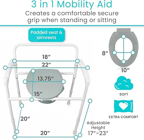Miniatura 4 de Vive Silla de inodoro para mesita de noche (plegable) – Capacidad de 350 libras, riel de seguridad, silla de ducha – Cubo bariátrico 3 en 1