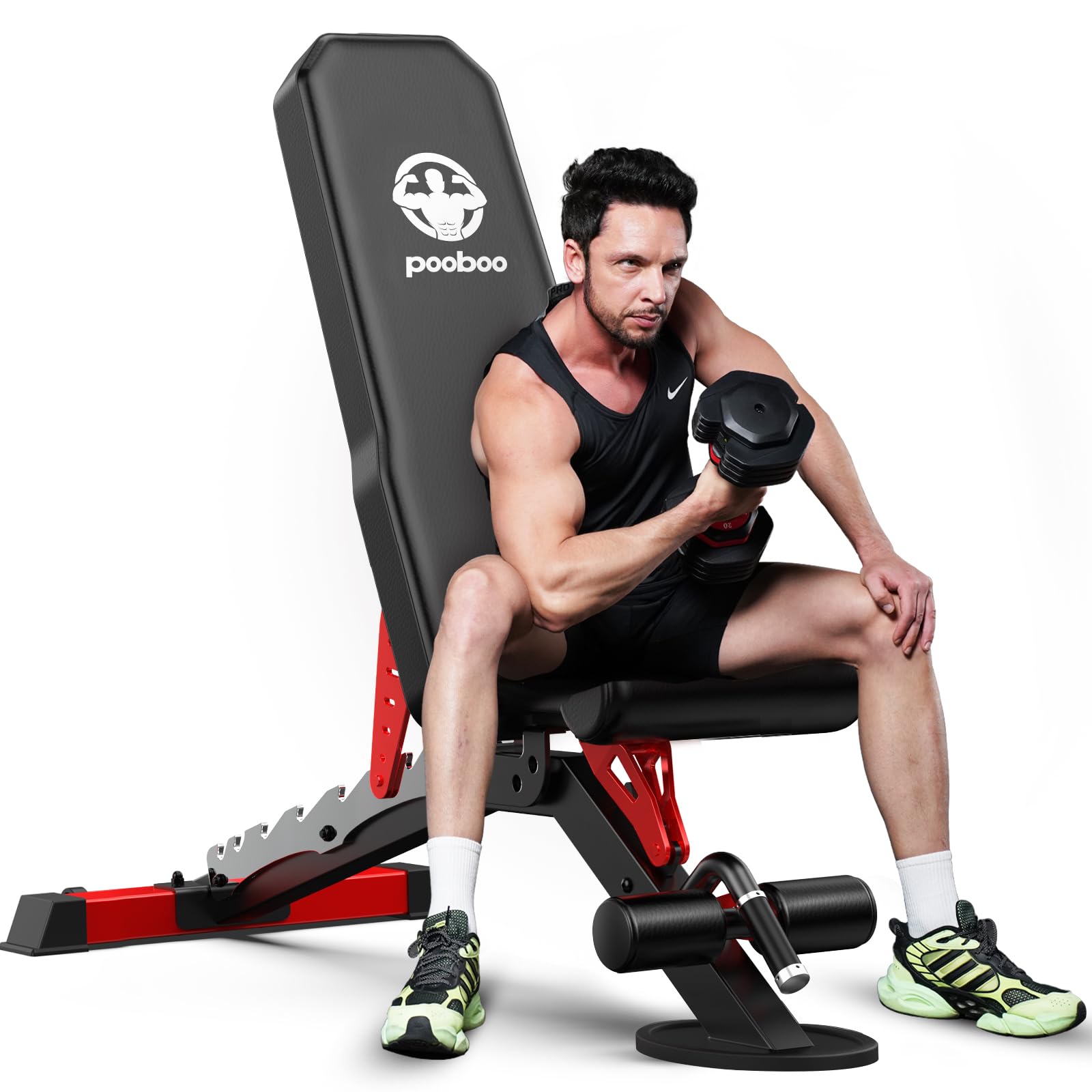 Pooboo Weight Bench, Adjustable Workout Bench for Home, 1500LBS Weight Capacity Heavy Duty Strength Training Bench, Flat/Incline/Decline Positions for Full Body Workout