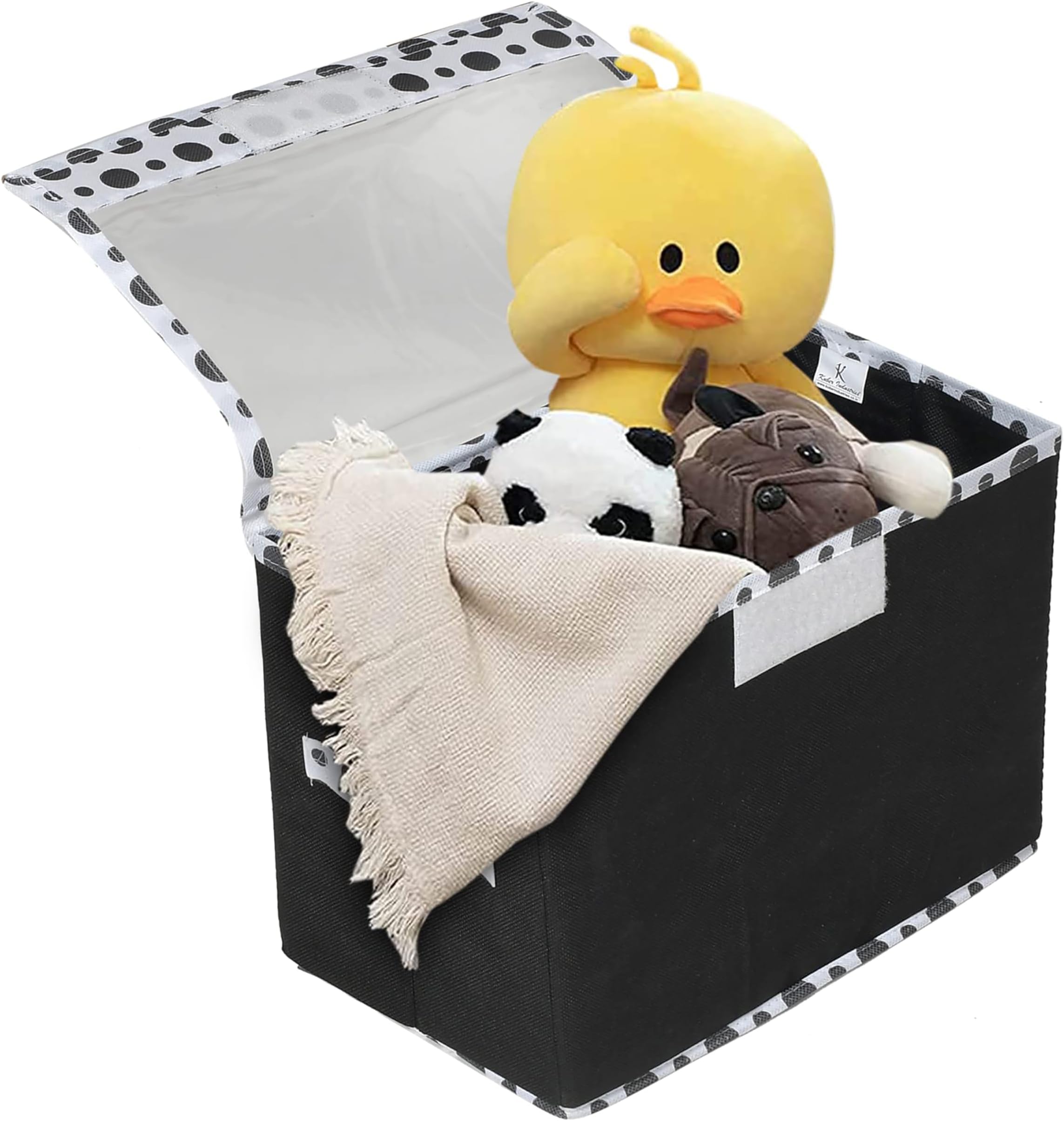 Kuber Industries Small Non-Woven Storage Box/Bin with Transparent Lid & Handle|Foldable & Dot Print|Small size 35 x 18 x 22 Cm (Black)-44KM0410