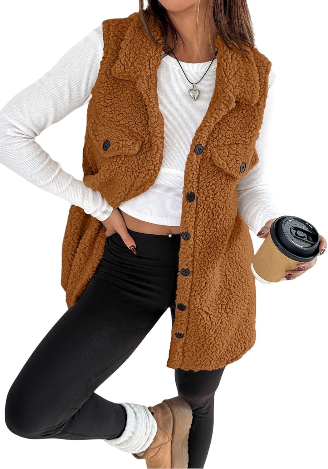 Women's Fleece Sherpa Vest Trendy Long Vests Sleeveless Jacket Oversized Trendy Button Down In Fall And Winter